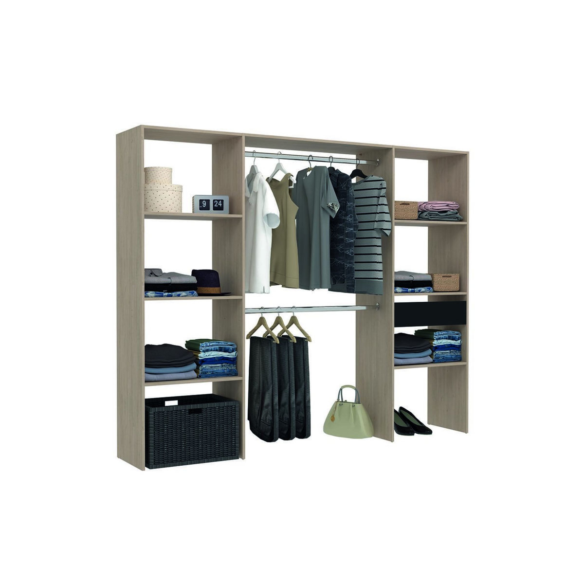 CONCEPT USINE Dressing bois avec 6 étagères, 1 tiroir et 2 penderies : 220 x 40 x 180 cm ELYSEE