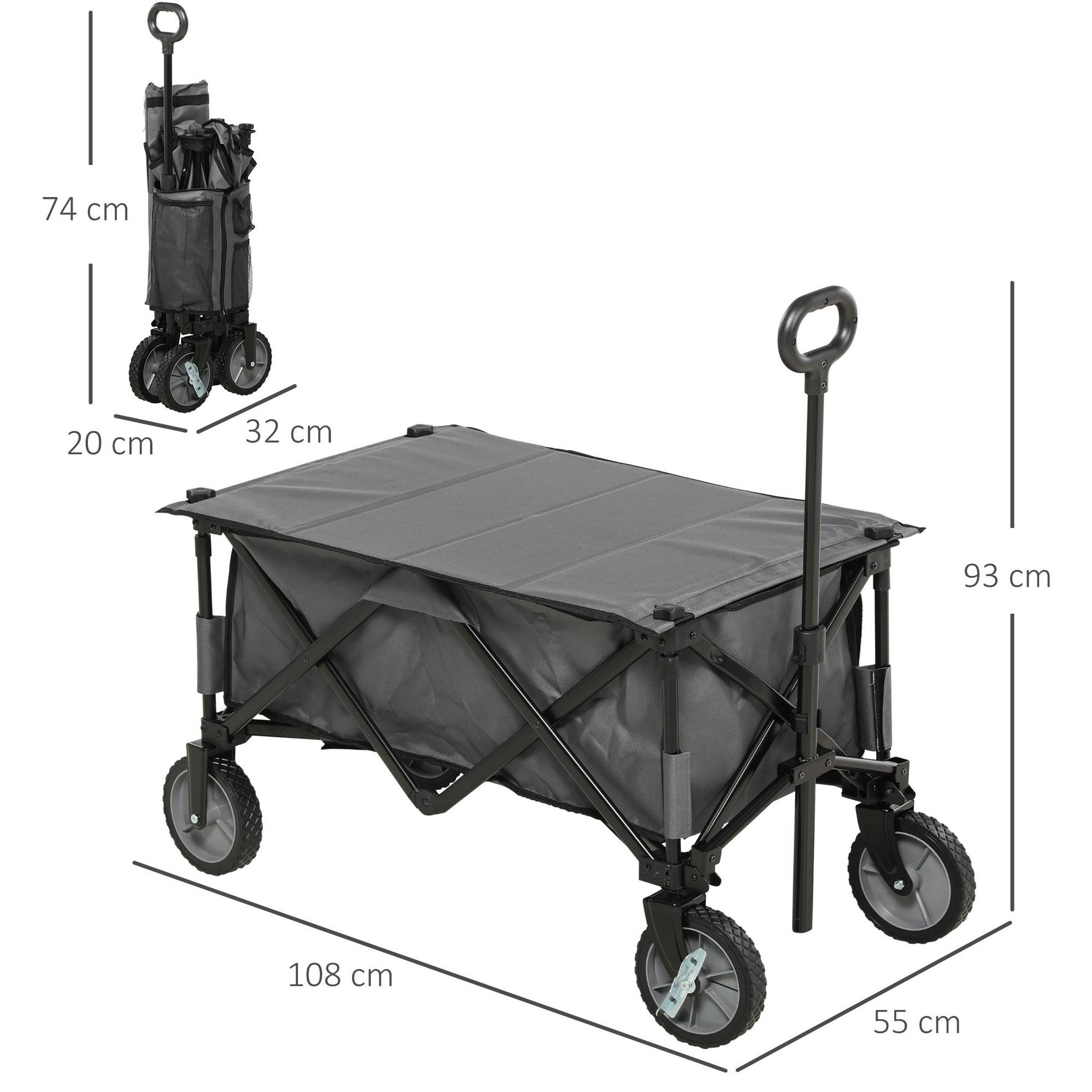Voir la diapositive 3 : OUTSUNNY Chariot de jardin pliable 4 roues - bâche amovible, poignée télescopique réglable, 5 pochettes rangement - acier polyester gris