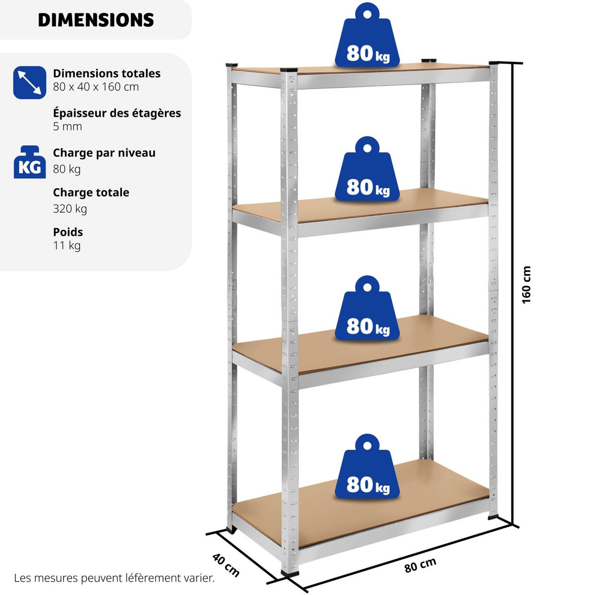 tectake Étagère pour charges lourdes structure en acier galvanisé argent 160 x 80 x 40 cm, 320 kg