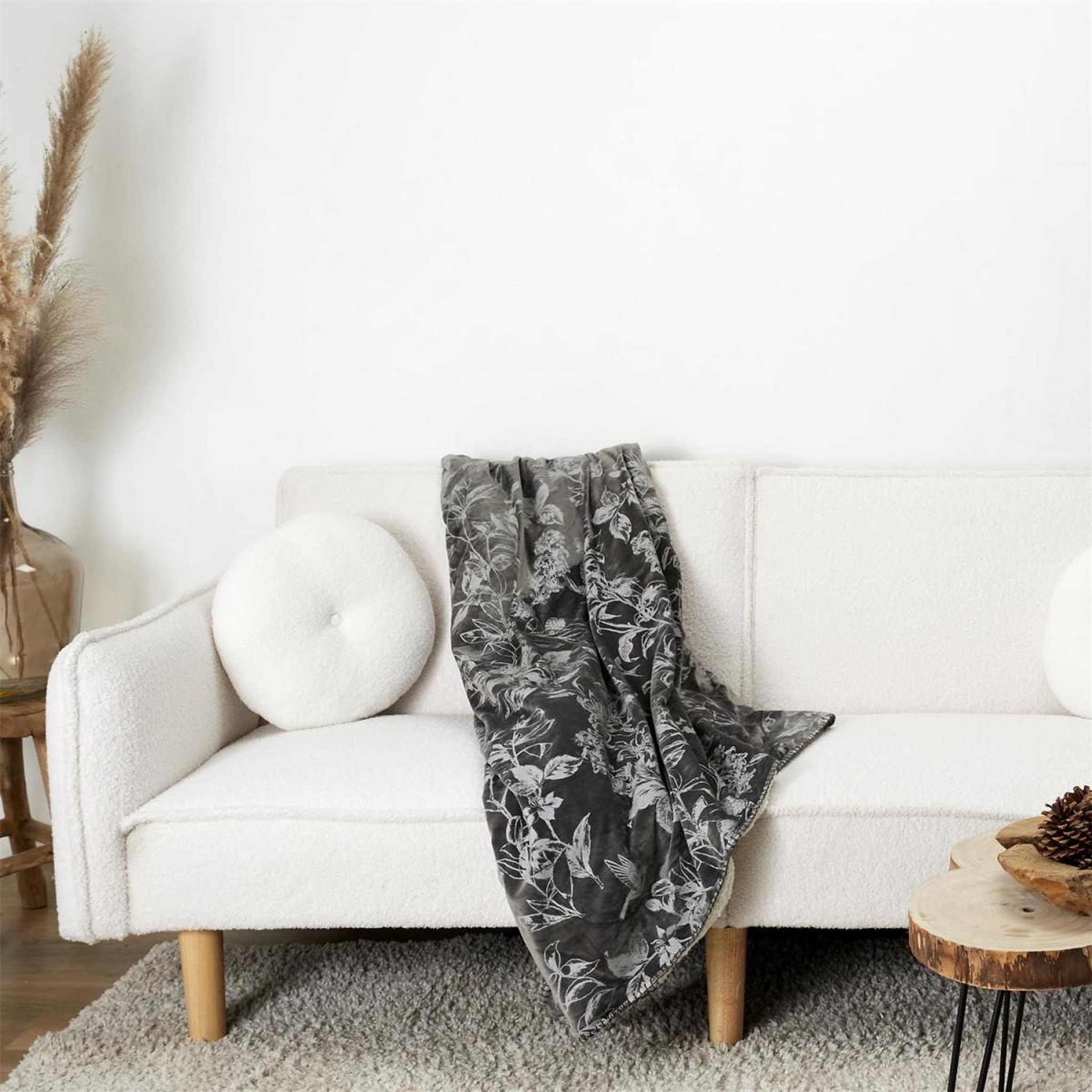 Voir la diapositive 3 : The Home Deco Factory Plaid velours imprimé  végétal  120x150cm gris