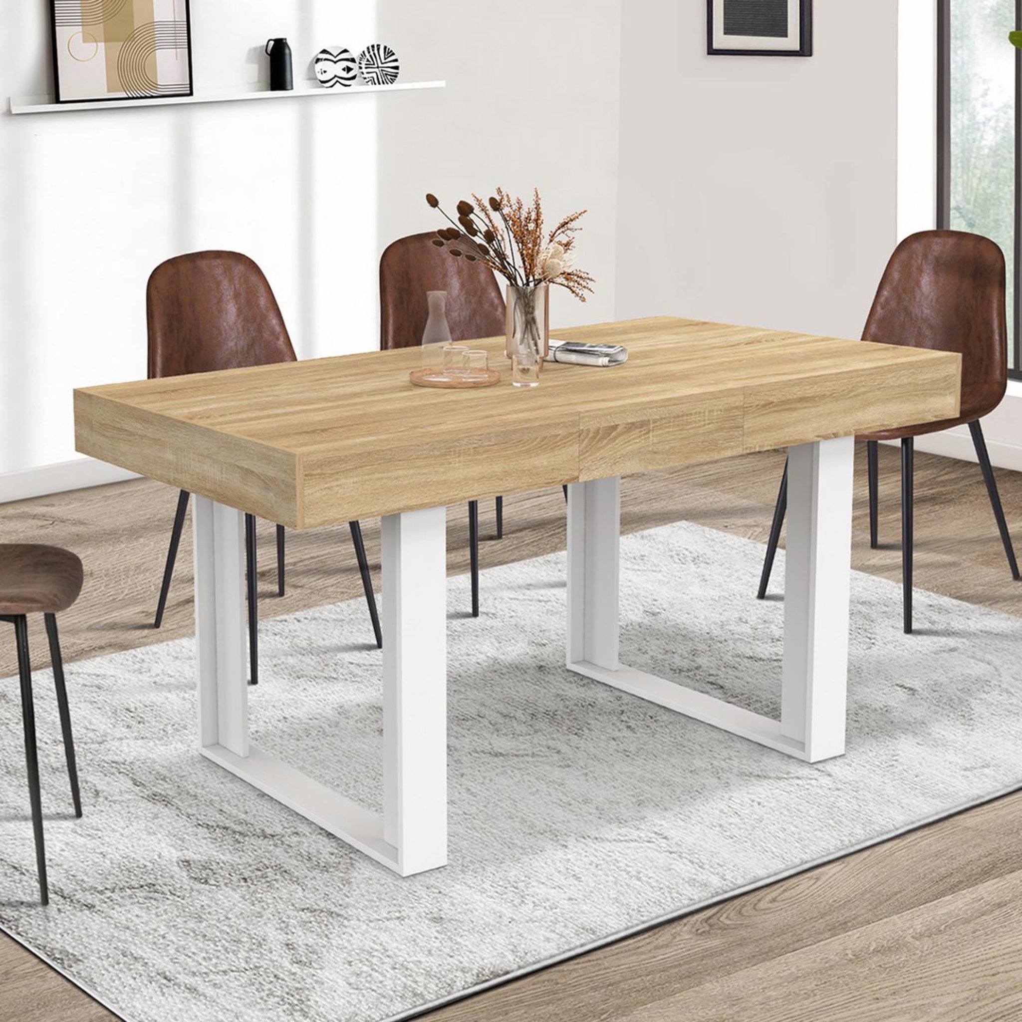 Voir la diapositive 2 : ID MARKET Table à manger extensible rectangle phoenix 4-6 personnes bois et blanc 120-160 cm