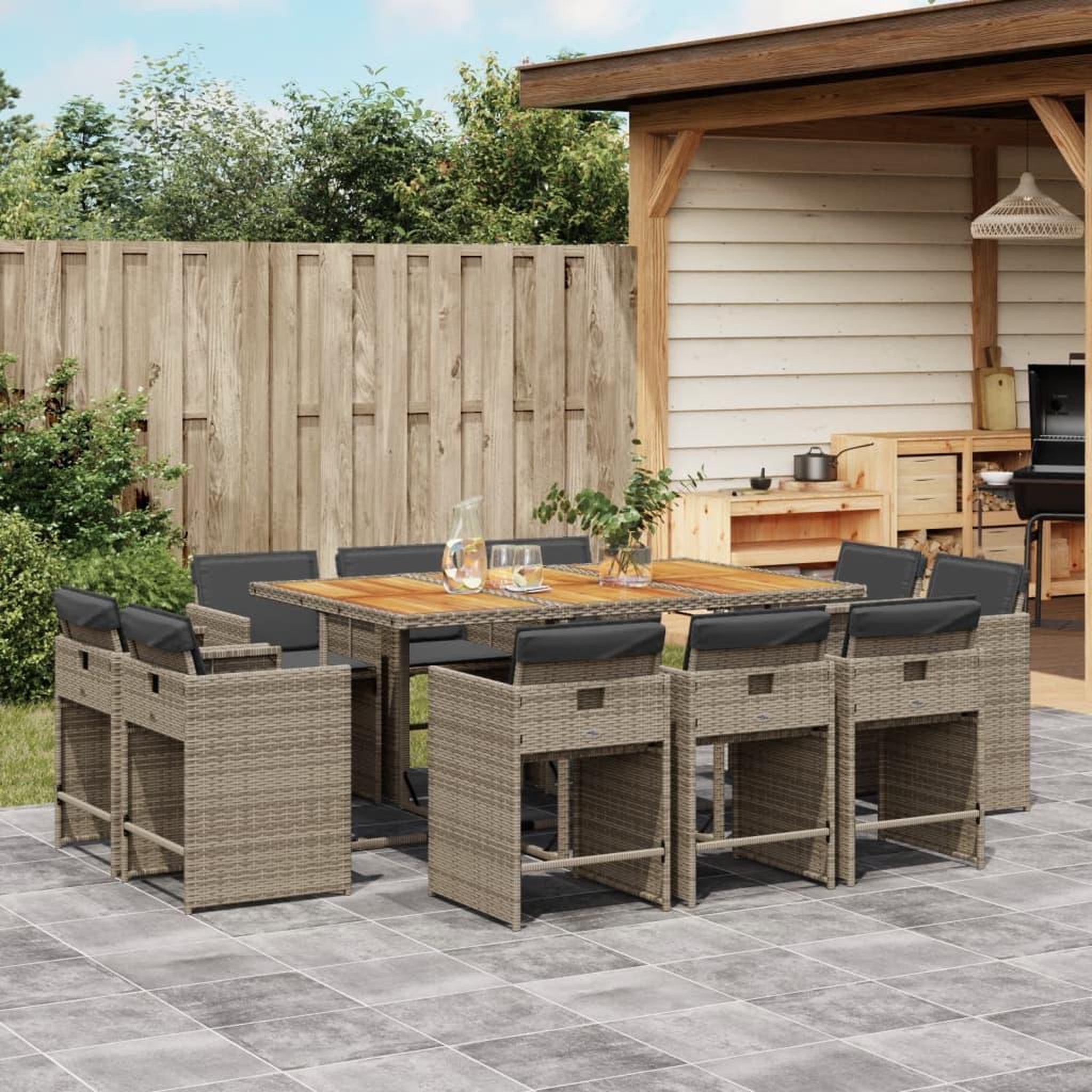 VIDAXL Ensemble a manger de jardin 11pcs avec coussins gris poly rotin
