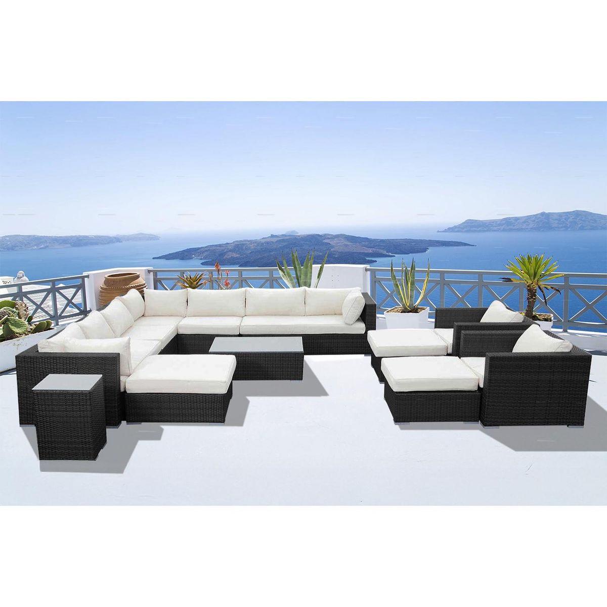 CONCEPT USINE Salon de jardin modulable 13-14 places en résine tressée noir et blanc STALLA