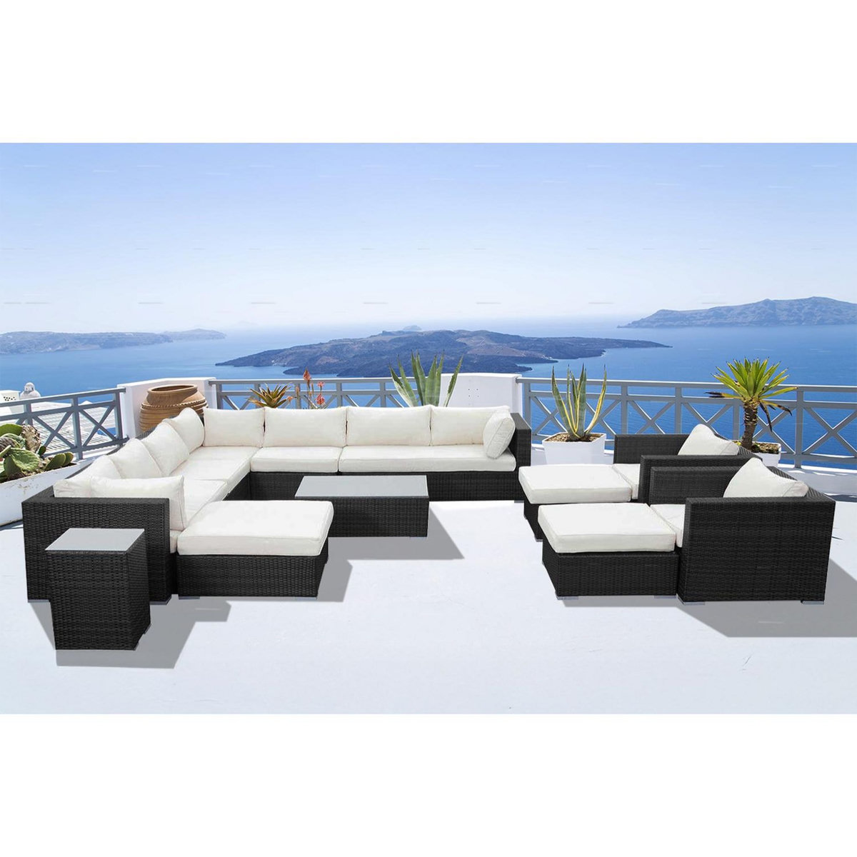 CONCEPT USINE Salon de jardin modulable 13-14 places en résine tressée noir et blanc STALLA