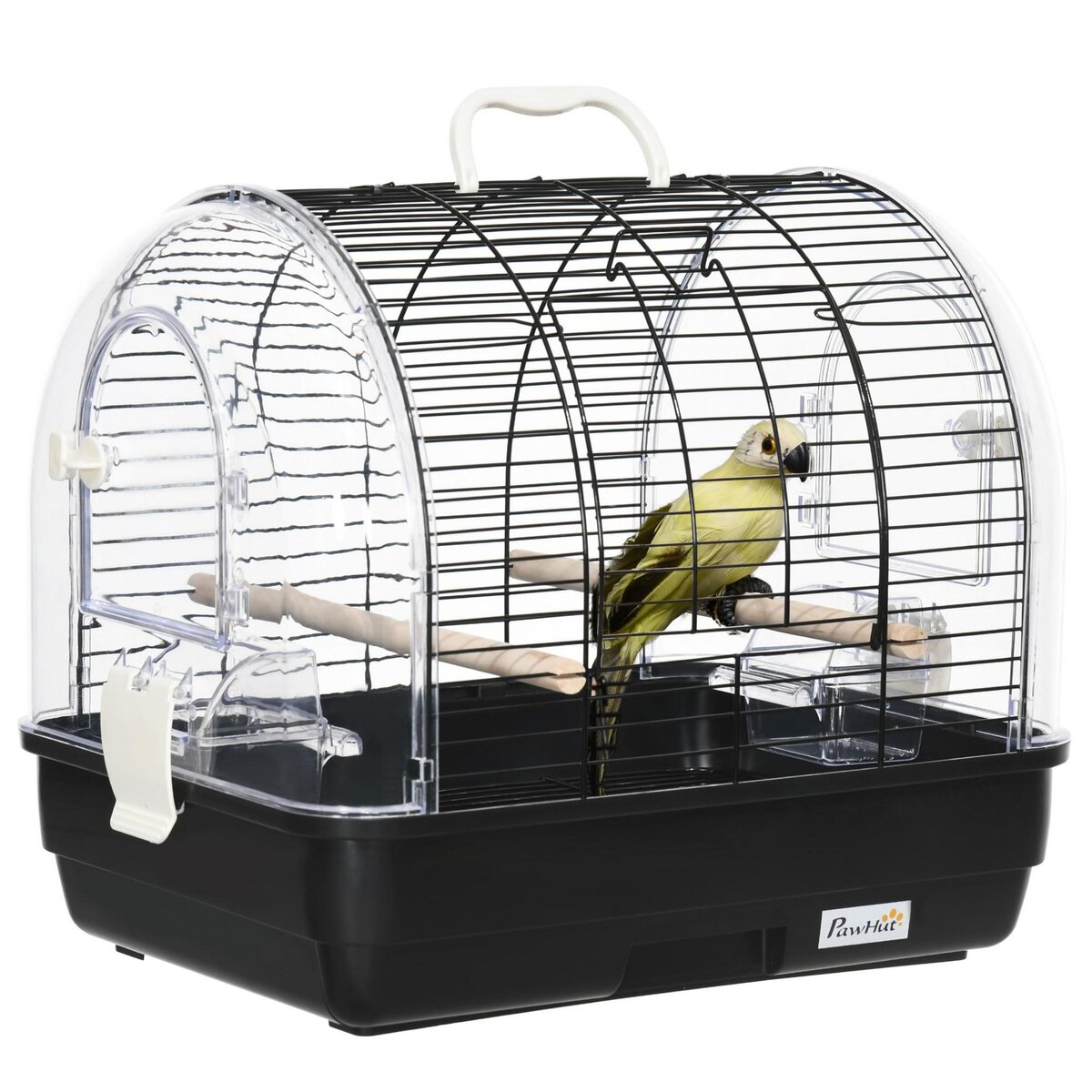 PAWHUT Cage à oiseaux portable 2 mangeoires 2 perchoirs 3 portes plateau excrément amovible poignée transport métal PS noir