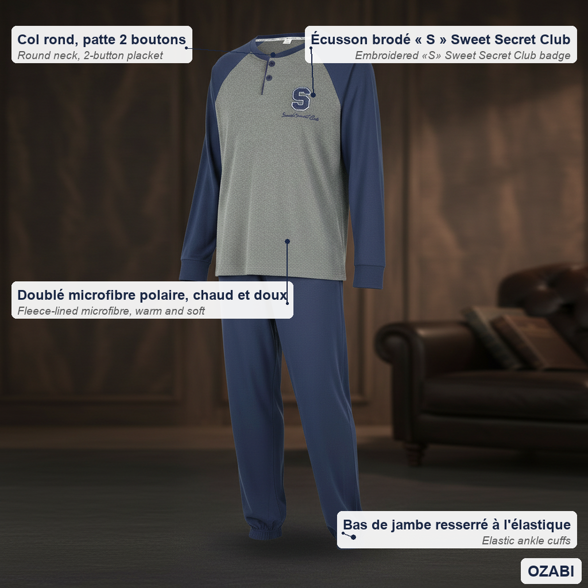 Voir la diapositive 5 : OZABI Ozabi ensemble pyjama homme doublé polaire bicolore sweet secret club
