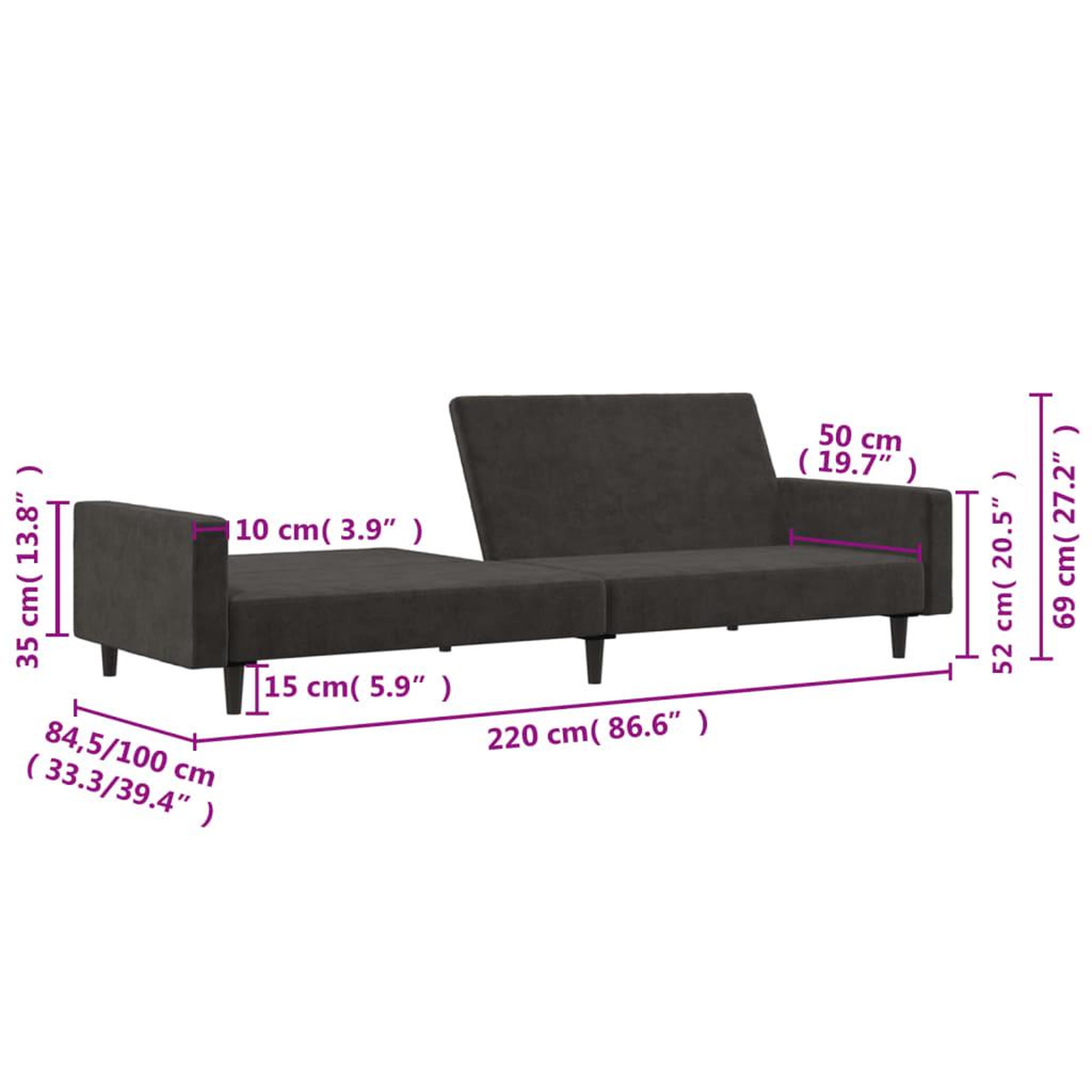 Voir la diapositive 6 : VIDAXL Canape-lit a 2 places gris fonce velours