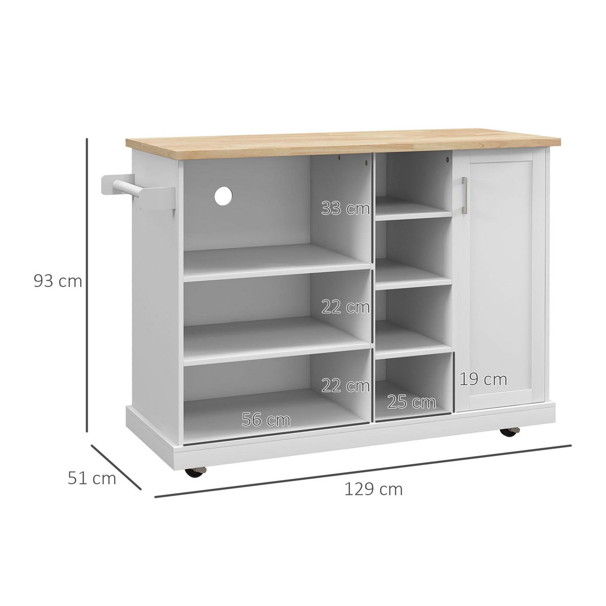 HOMCOM Desserte de cuisine îlot multi-rangement MDF blanc plateau bois hévéa verni