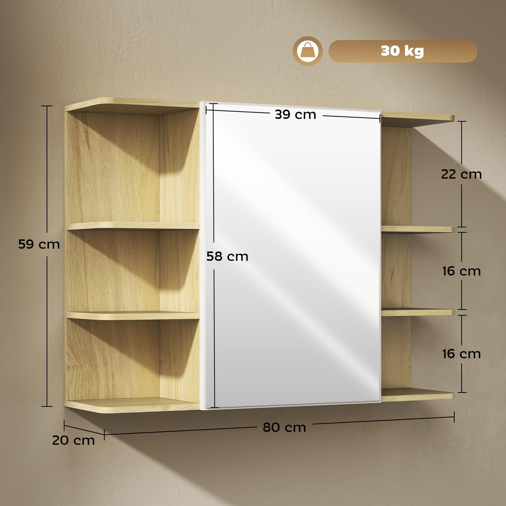 Voir la diapositive 3 : HOMCOM Armoire miroir murale salle de bain - porte, étagère, 2x3 tablettes latérales - 80 x 20 x 59 cm - effet bois clair