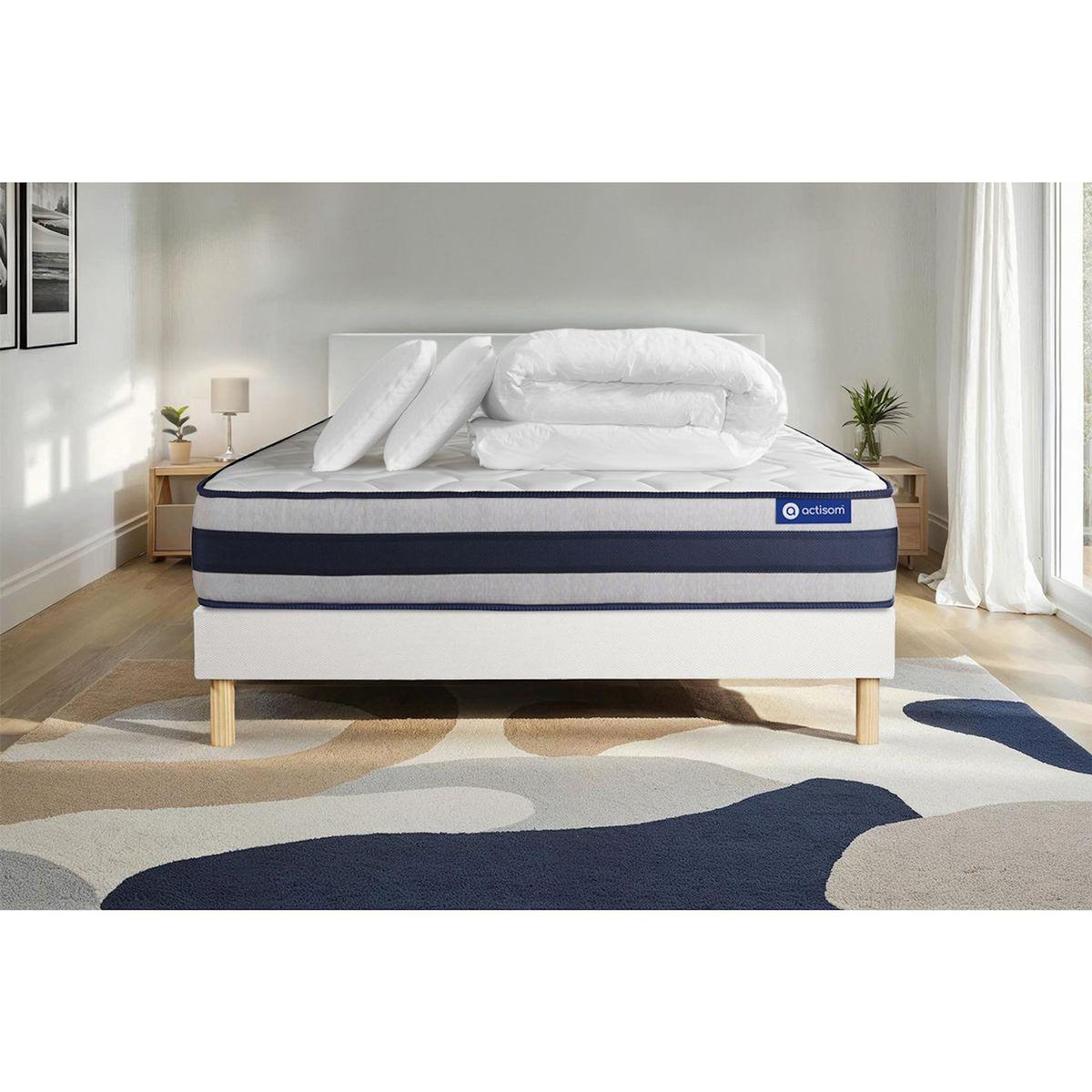 ACTISOM Pack prêt à dormir matelas Latex et Mémoire de forme ACTILATEX ERGO 180x200 cm + sommier KIT blanc + 2 oreillers + couette