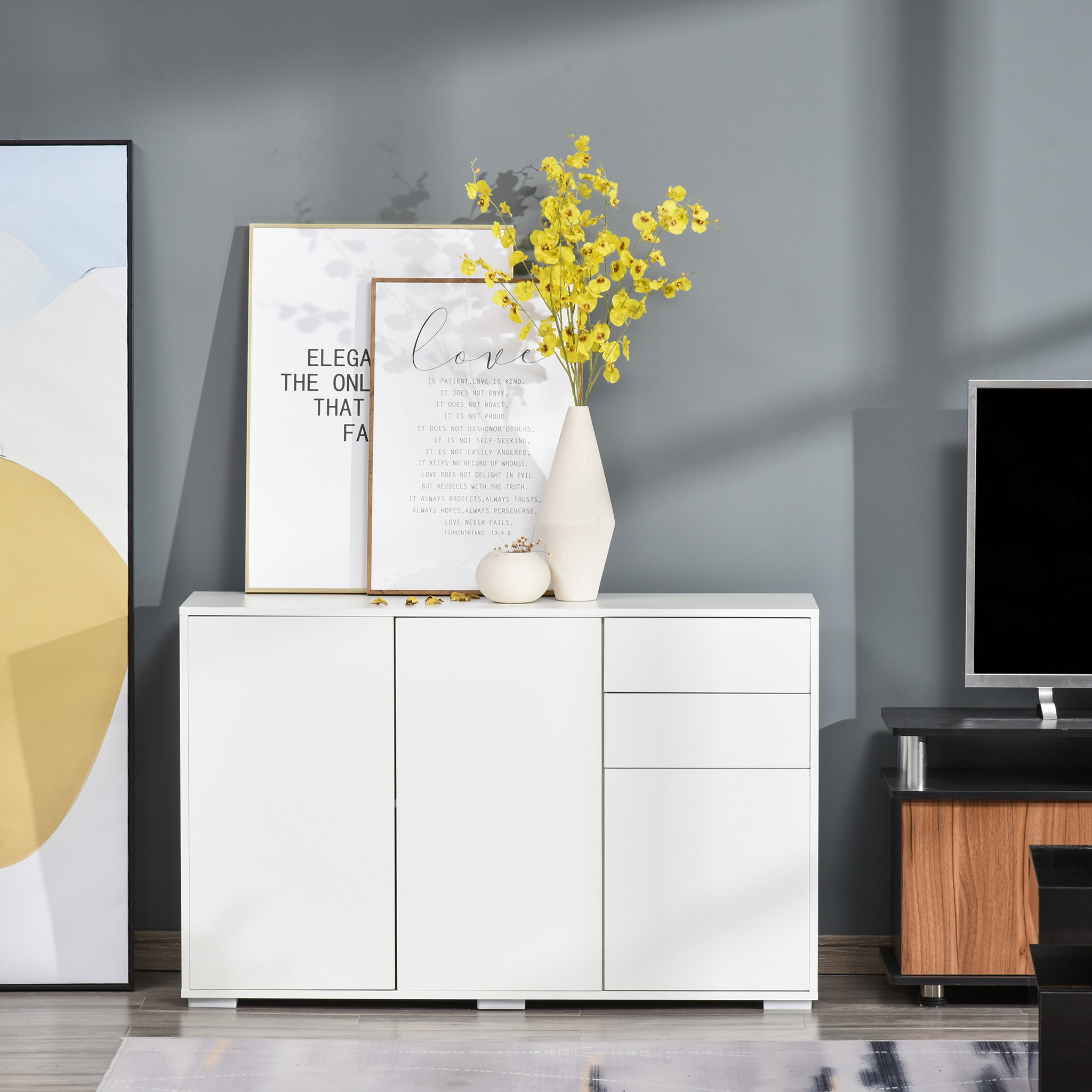 Voir la diapositive 2 : HOMCOM Commode buffet de rangement 2 tiroirs coulissants 3 portes étagère réglable panneaux de particules 117 x 36 x 74 cm blanc