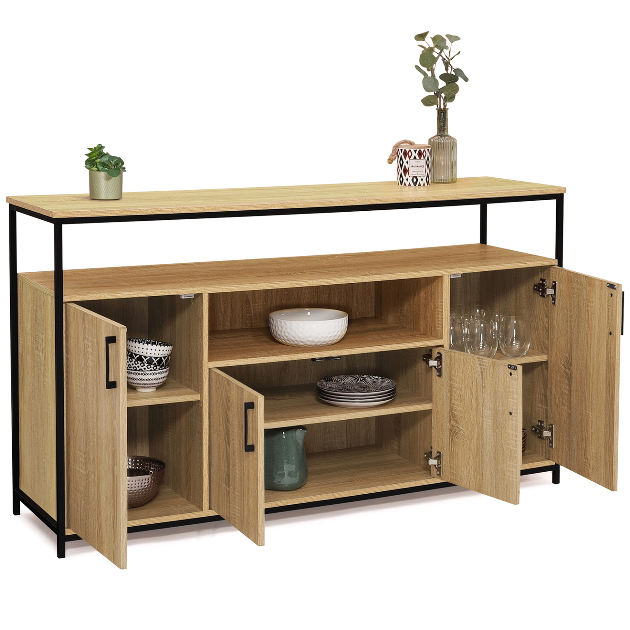 Voir la diapositive 4 : ID MARKET Buffet 140 cm detroit 4 portes avec niche design industriel