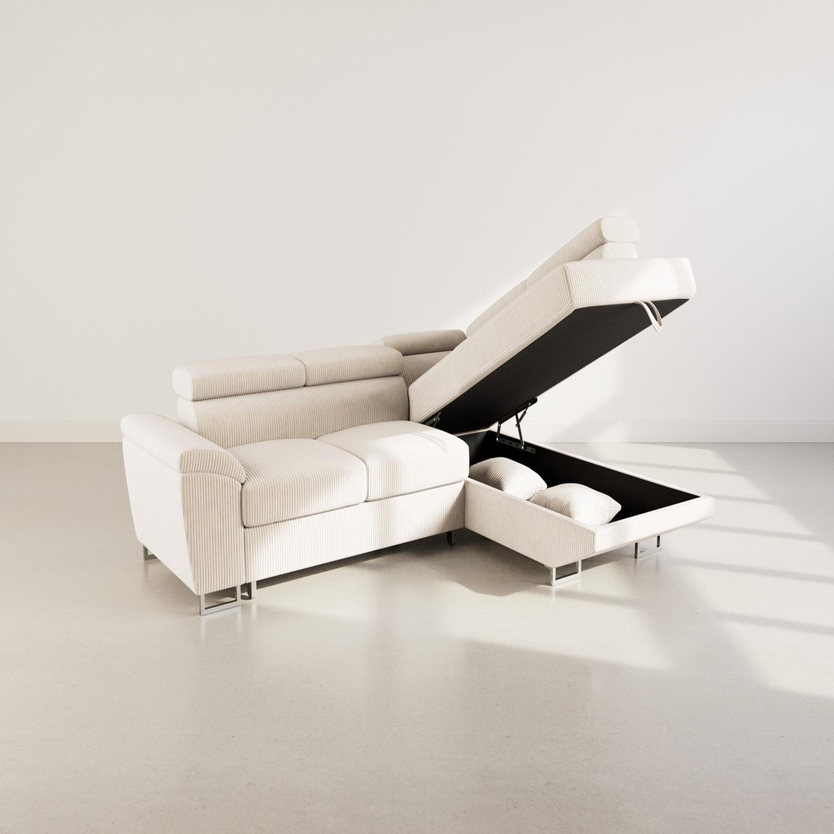 BEST MOBILIER Baoji - canapé d'angle droit 5 places convertible avec têtières et coffre en velours côtelé