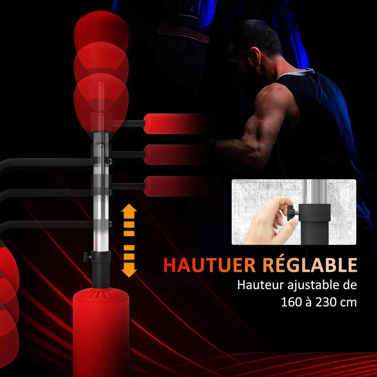 HOMCOM Sac de frappe boxe autoportant punching ball brunier 3 en 1 revêtement synthétique dim. 88L x 50l x 160-230H cm rouge