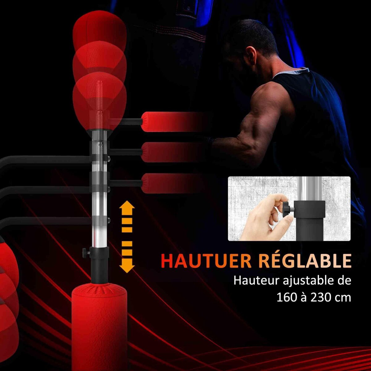 HOMCOM Sac de frappe boxe autoportant punching ball brunier 3 en 1 revêtement synthétique dim. 88L x 50l x 160-230H cm rouge