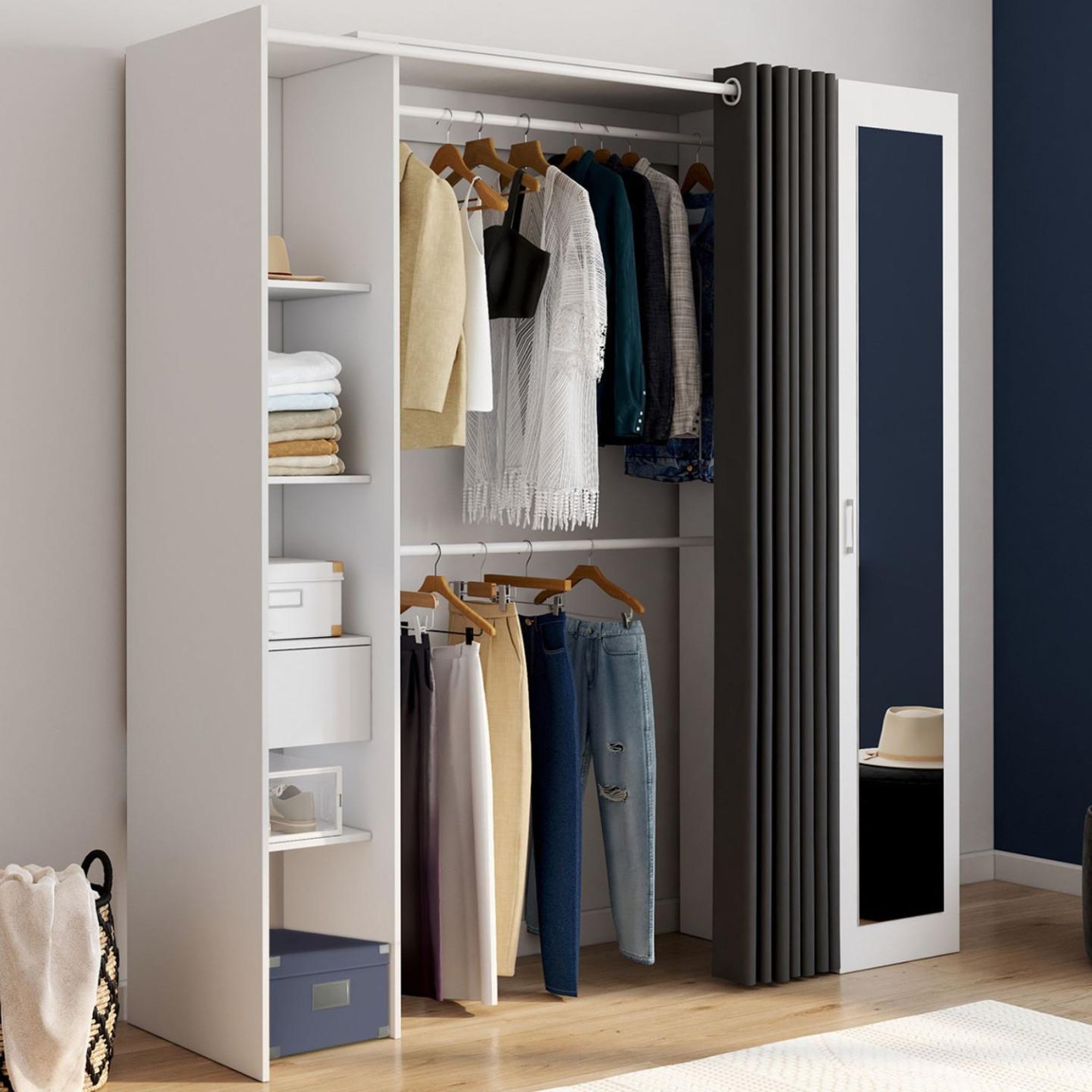 Voir la diapositive 2 : ID MARKET Dressing extensible MERYL 145/170 x 50 x 180 cm blanc avec étagères + double penderie + miroir + rideau gris