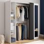 Voir la diapositive 2 : ID MARKET Dressing extensible MERYL 145/170 x 50 x 180 cm blanc avec étagères + double penderie + miroir + rideau gris