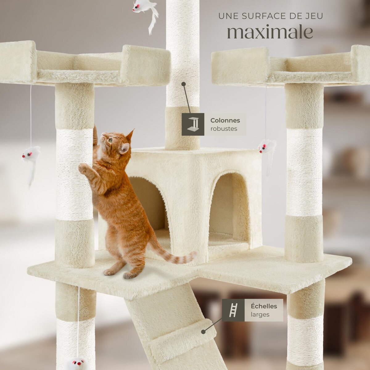 tectake Arbre à chat 170 cm avec griffoir et plateforme d'escalade beige
