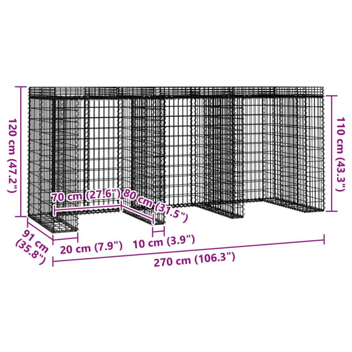 VIDAXL Mur de gabion pour poubelle 270x91x120 cm fer galvanise