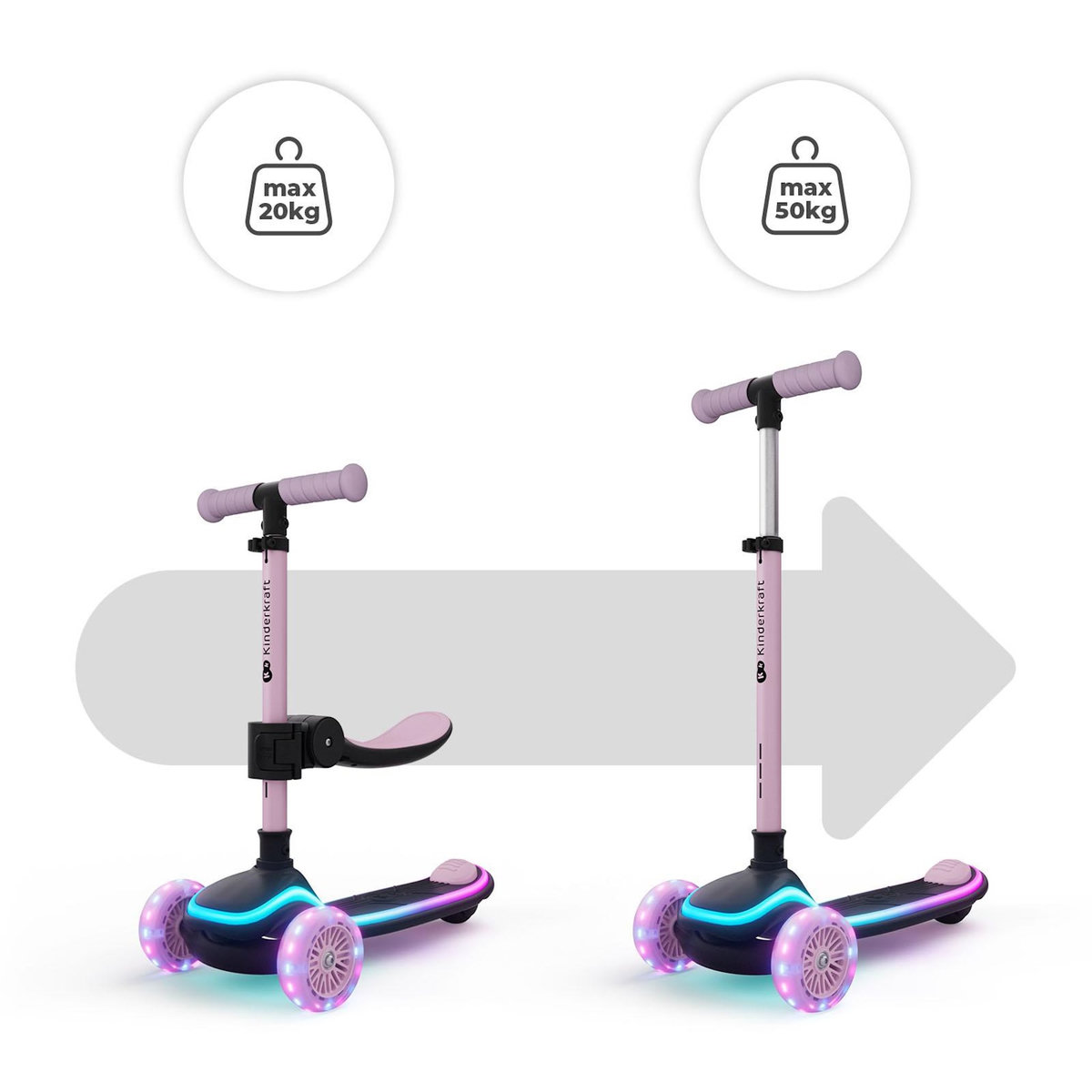 KINDERKRAFT Trottinette Kinderkraft RAKET UP 2-en-1 avec siège réglable, roues RGB LED, plateau lumineux, pliable dès bébé, Rose