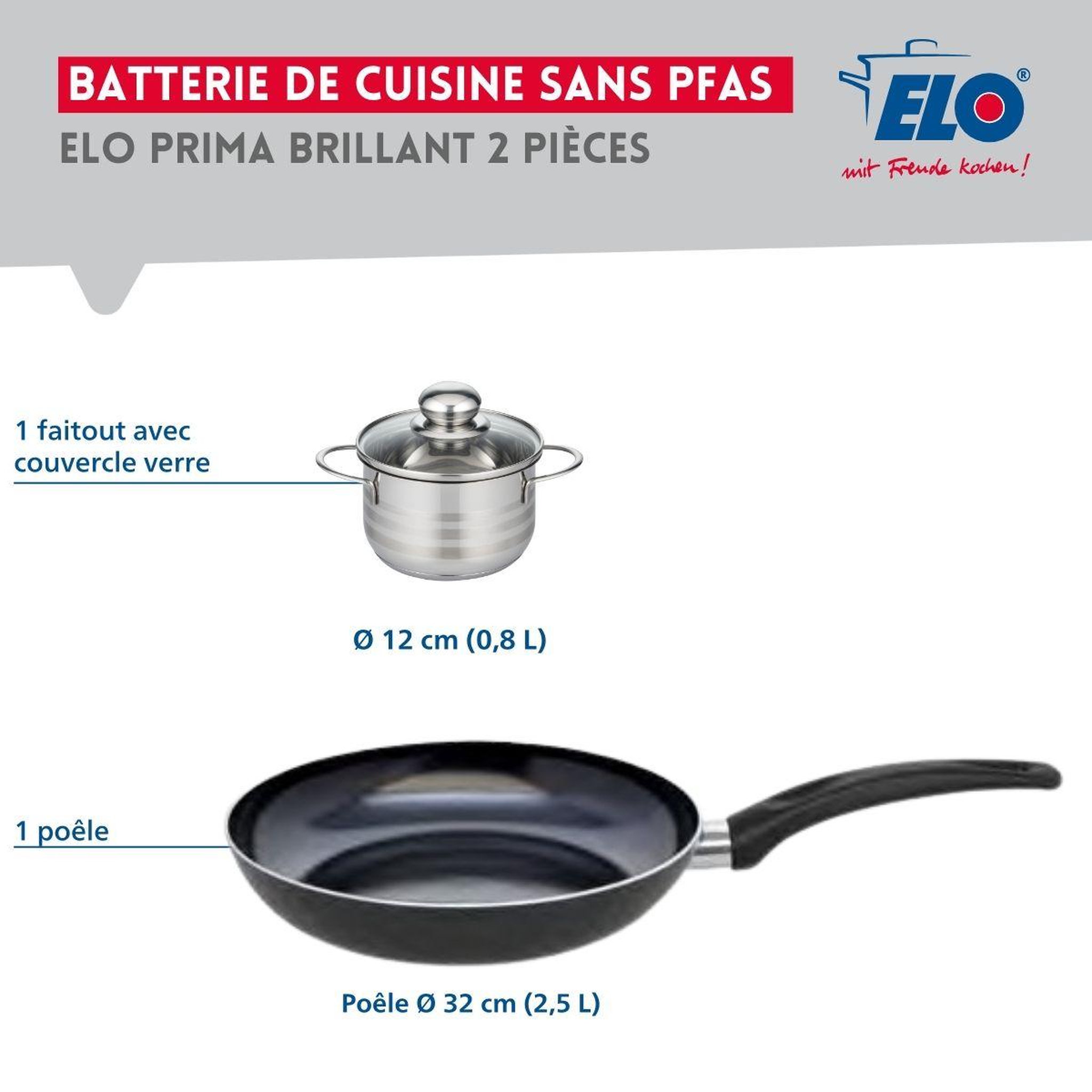 Voir la diapositive 2 : ELO Ensemble de 1 poêle de cuisson 32 cm et 1 faitout 12 cm elo prima brillant