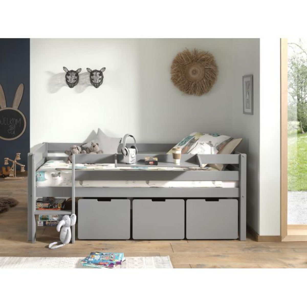 Paris Prix Pack - Lit Enfant Surélevé, 3 Tiroirs & Étagère  Pino  Gris