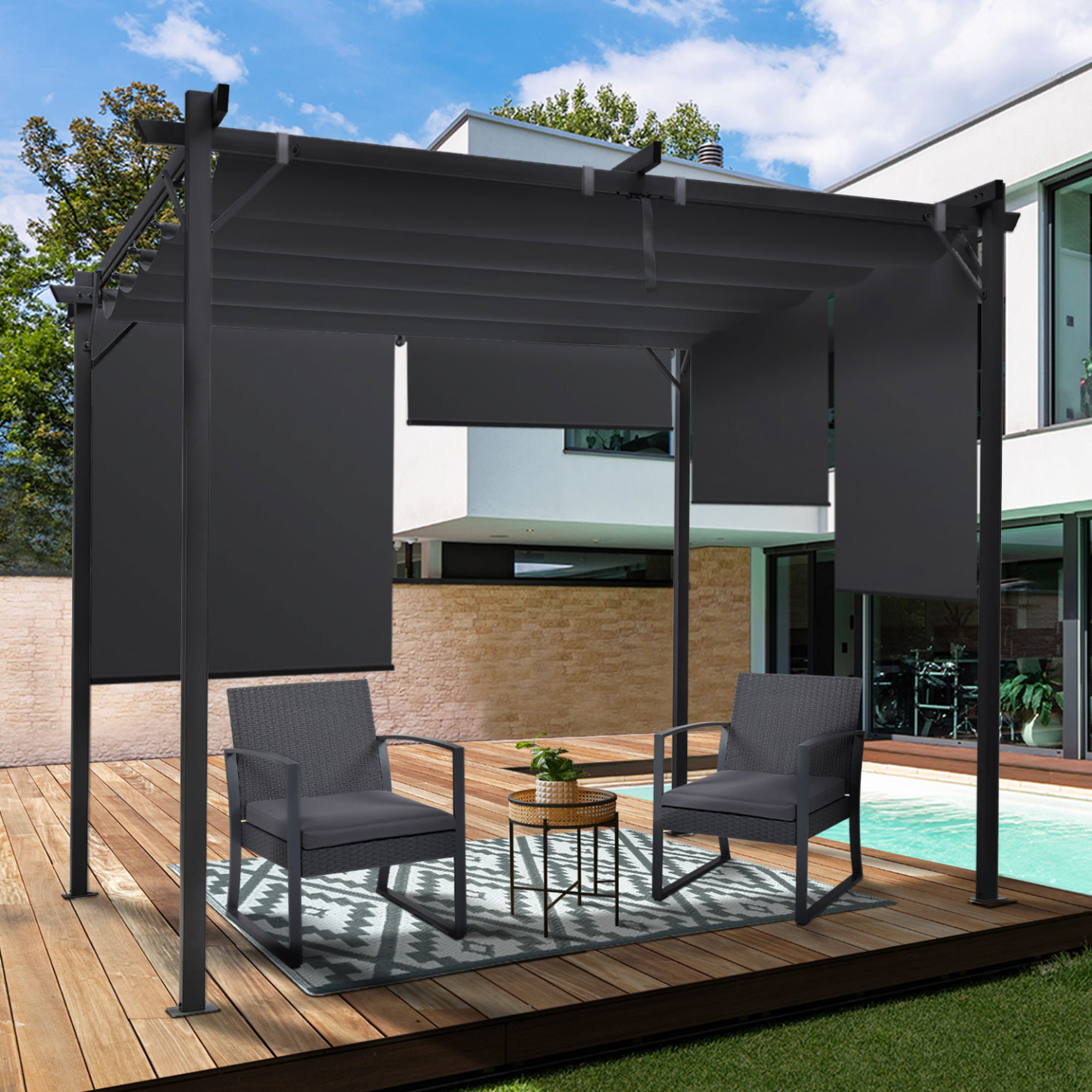Voir la diapositive 2 : ID MARKET Pergola édition spéciale toit rétractable 3x3 m et 4 stores gris anthracite