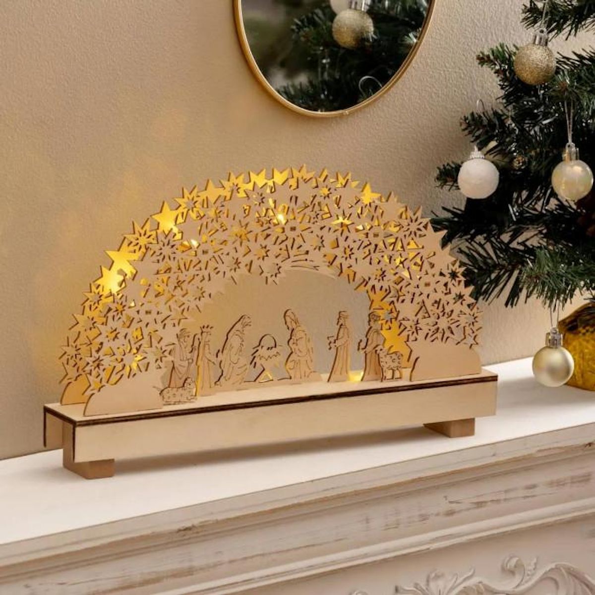 FEERIC LIGHT & CHRISTMAS Décoration de Noël lumineuse santon en bois Xmas - Beige