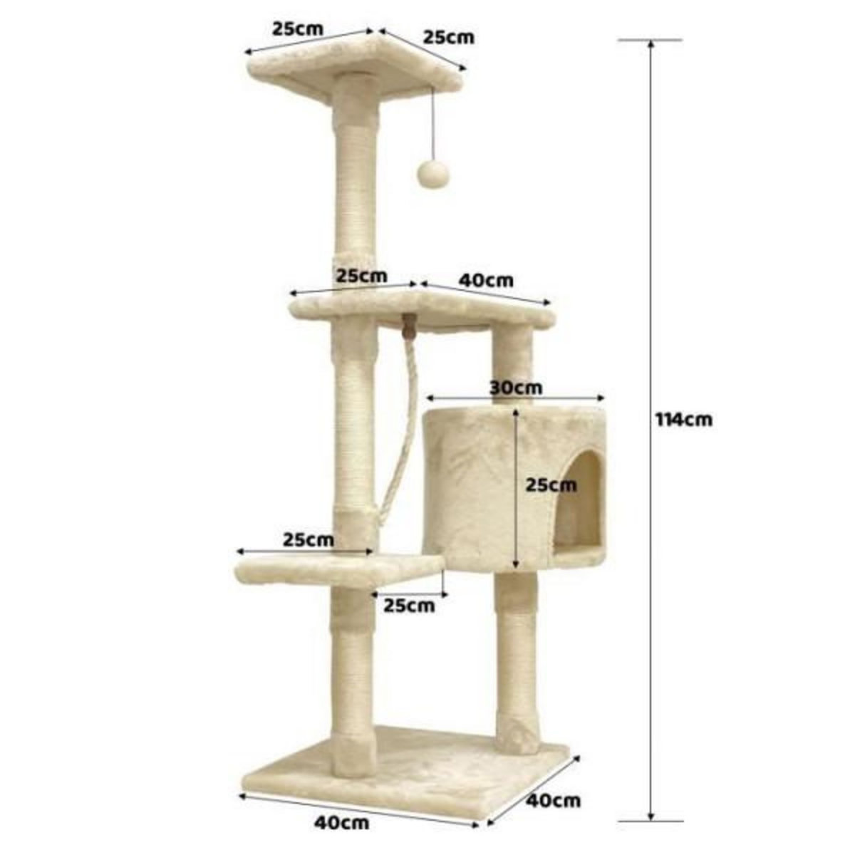 MARKET24 PALOMA Arbre a chat beige 40 x 40 x 114cm - 3 plateformes, 1 corde, 1 niche , poteaux a griffer