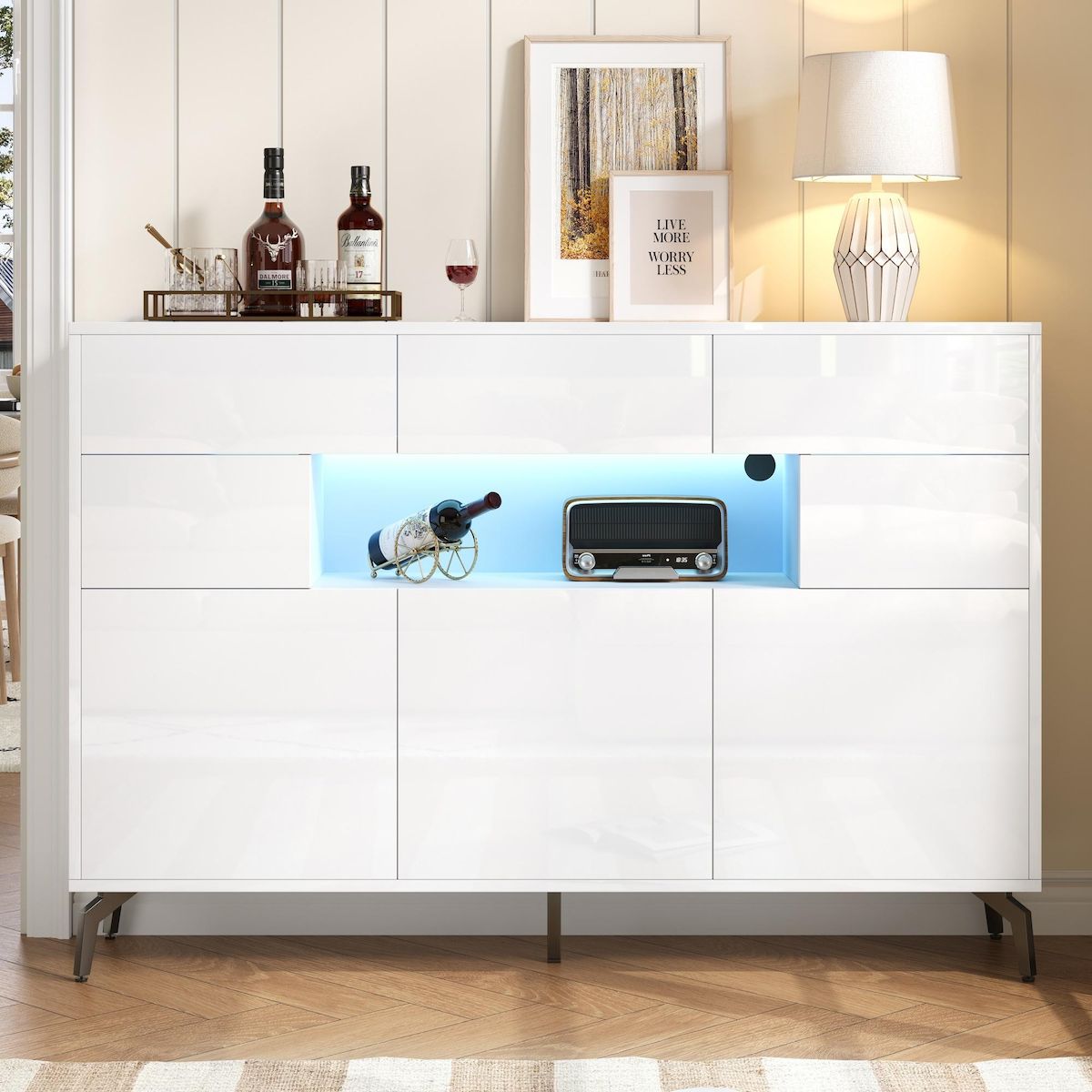 MERAX Buffet 5 porte(s) 3 tiroir(s) - 140 cm blanc led mdf