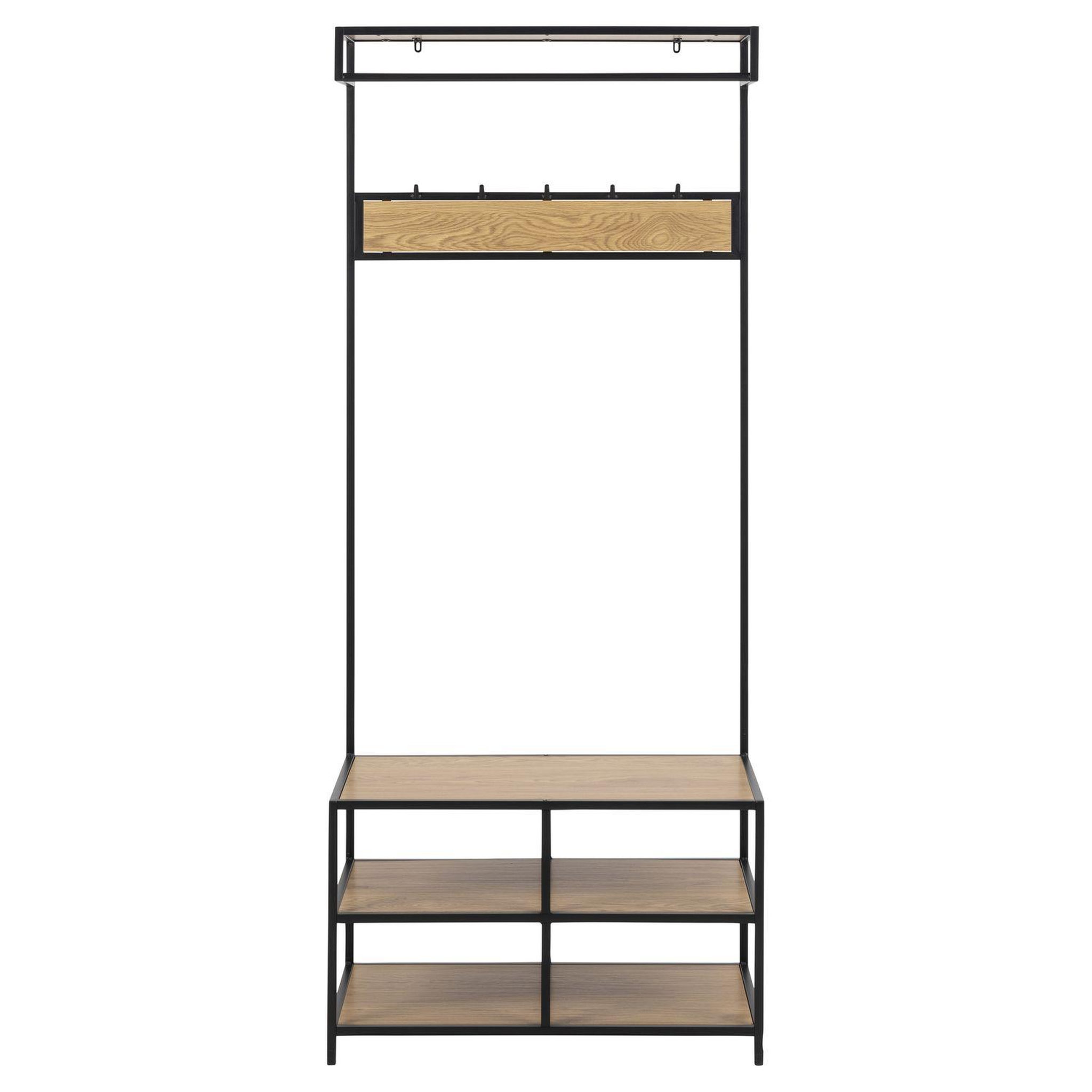 Voir la diapositive 3 : TOILINUX Banc d'entrée avec 2 étagères de rangement et 5 accroches - mdf et métal - noir et beige