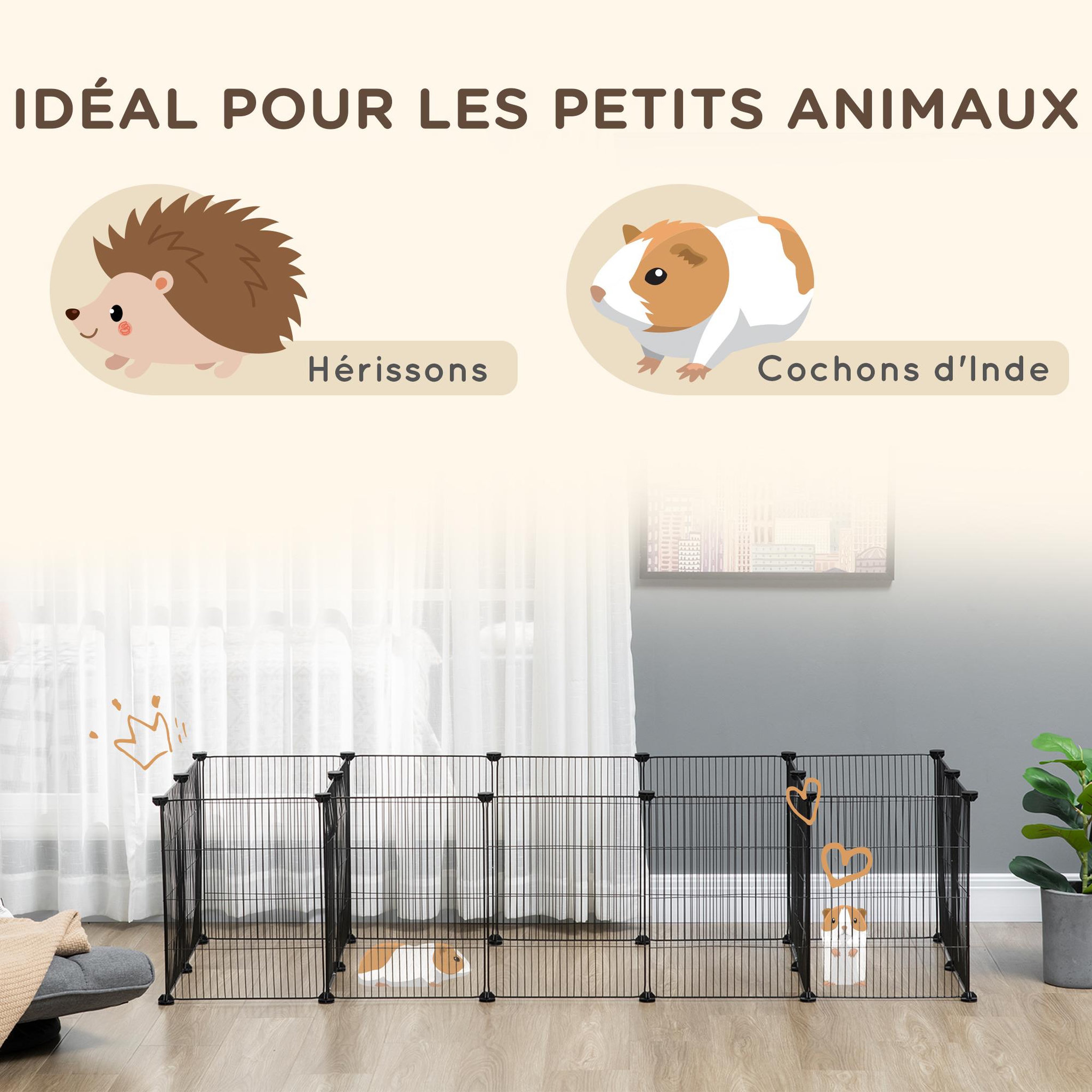 Voir la diapositive 4 : PAWHUT Parc enclos modulable petits animaux lapins rongeurs chiots - 18 panneaux en fil d'acier - 2 portes - 175l x 70l x 45h cm - noir