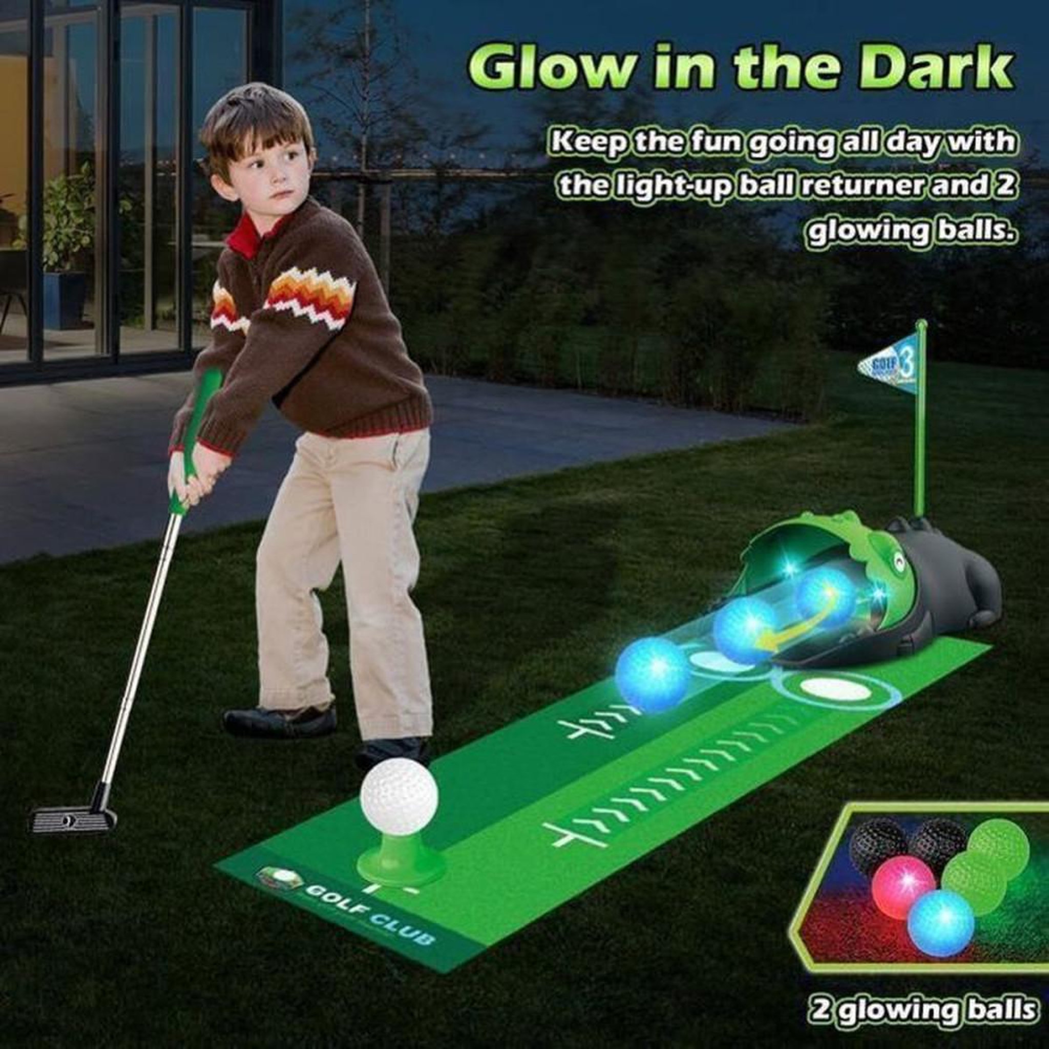 Voir la diapositive 4 : Jeu de golf enfant dinosaures VATOS avec retour automatique de balle, 3 clubs réglables et 6 balles LED