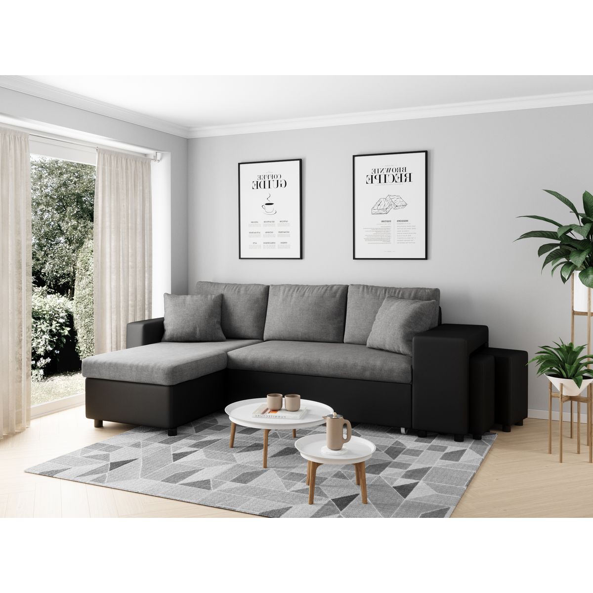 Canapé d'angle réversible convertible avec coffre + 2 poufs avec niche fixe à droite ANETTA