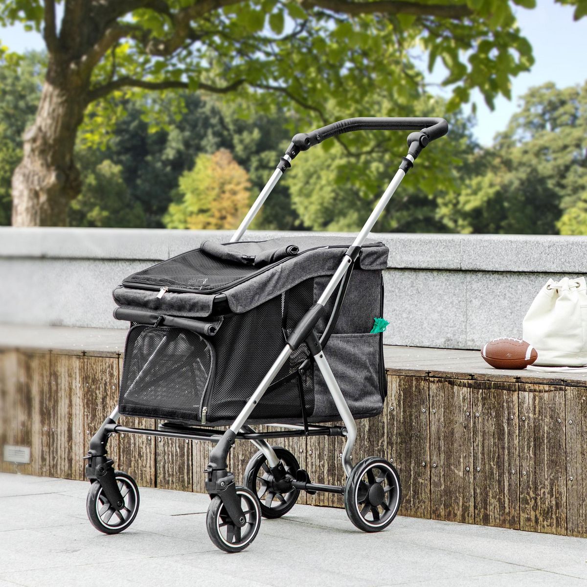 PAWHUT Poussette buggy chien 4 roues pliable - nombreux équipements - alu oxford gris