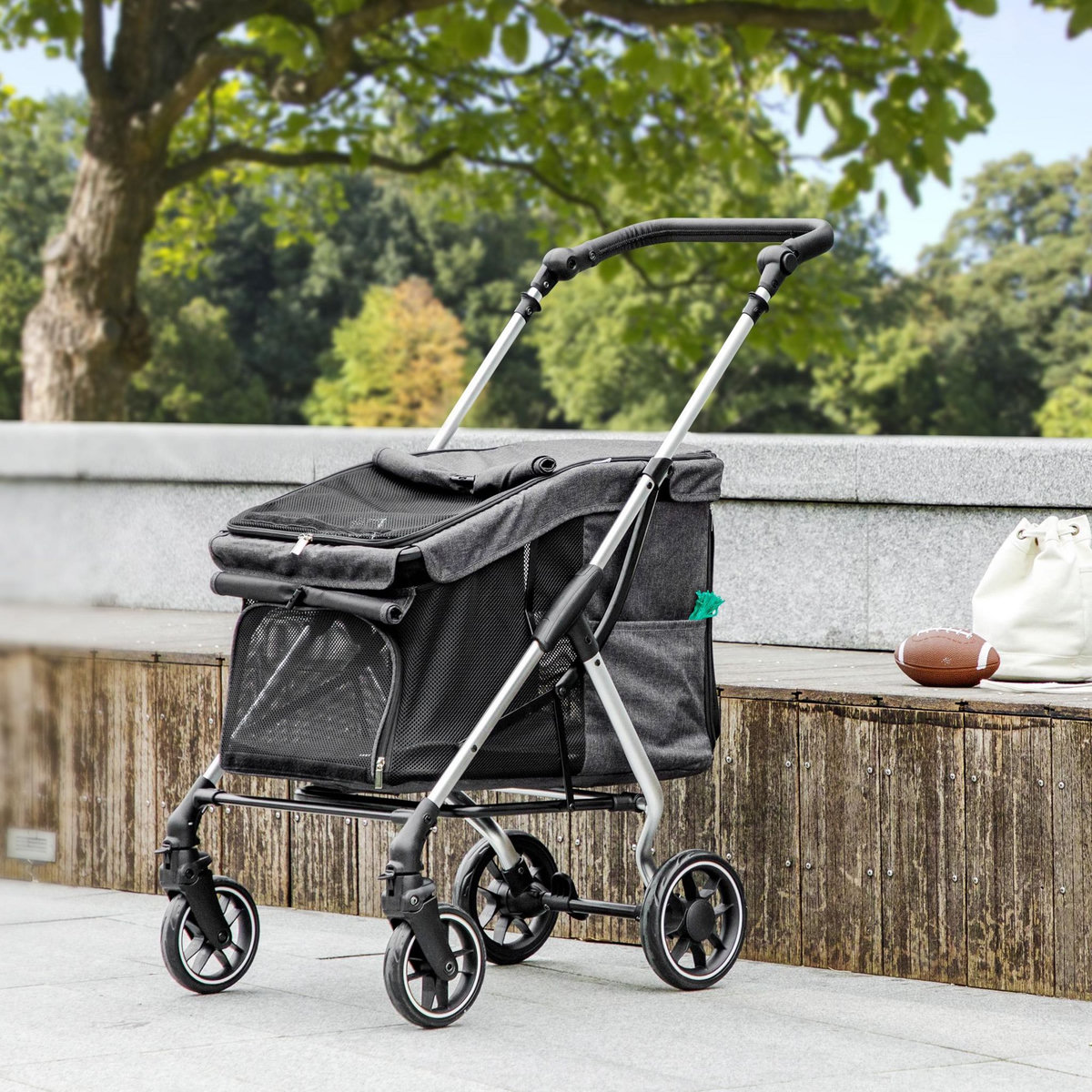 PAWHUT Poussette buggy chien 4 roues pliable - nombreux équipements - alu oxford gris
