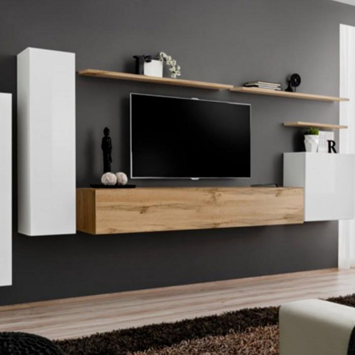 Paris Prix Meuble TV Mural Design  Switch I  330cm Blanc & Naturel