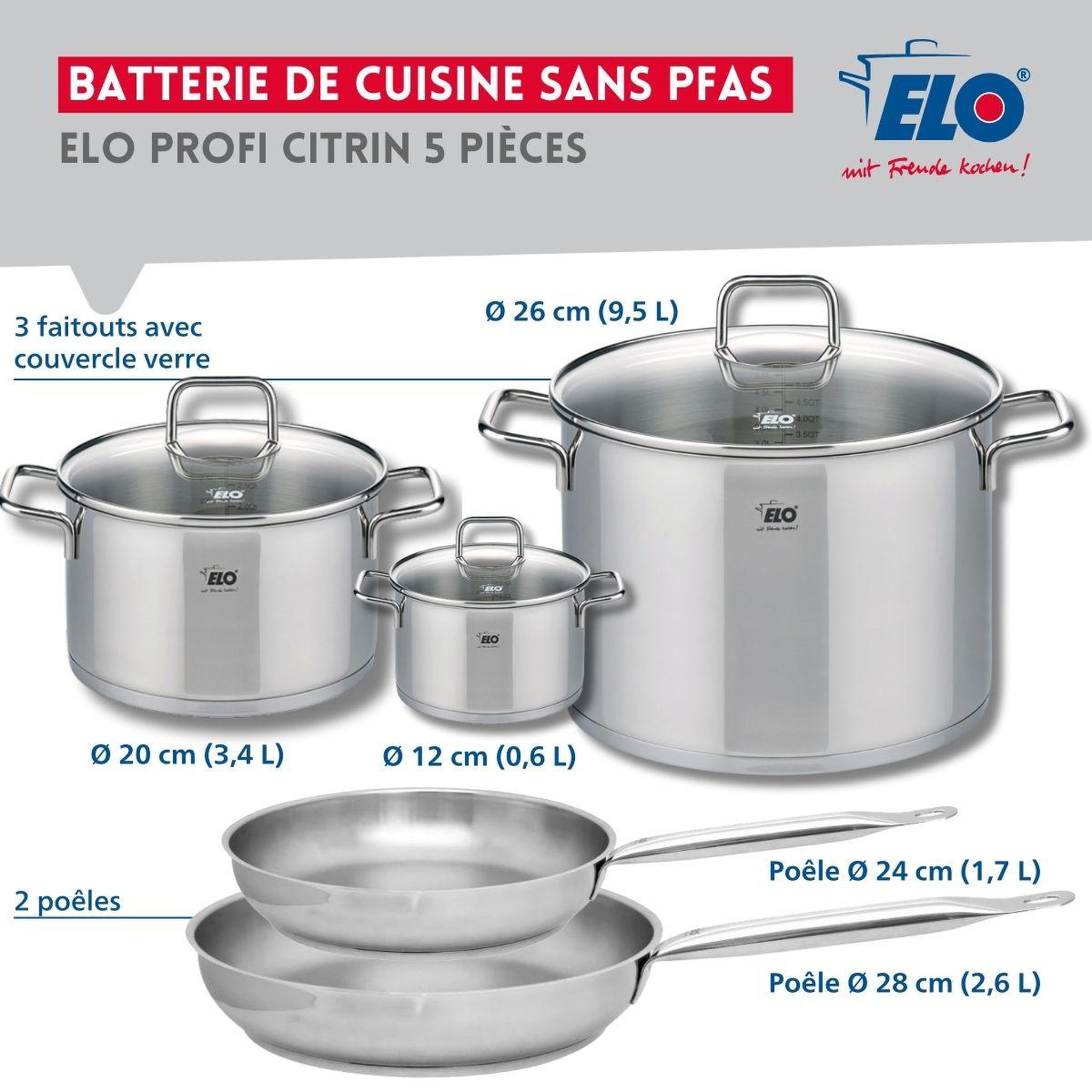Voir la diapositive 2 : ELO Ensemble de 2 poêles de cuisson 24 et 28 cm et 3 faitouts 12, 20 et 26 cm elo profi citrin