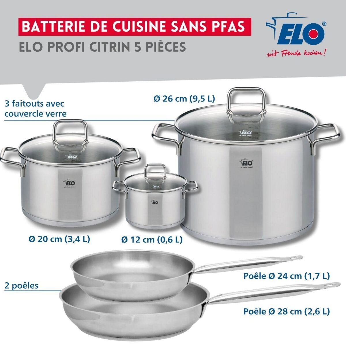ELO Ensemble de 2 Poêles de cuisson 24 et 28 cm et 3 faitouts 12, 20 et 26 cm Elo Profi Citrin