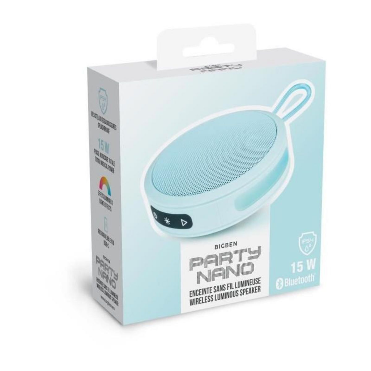 BIGBEN PARTY BIGBEN Party - Enceinte Bluetooth ronde avec dragonne et effets lumineux - 15W - Bleu Pastel