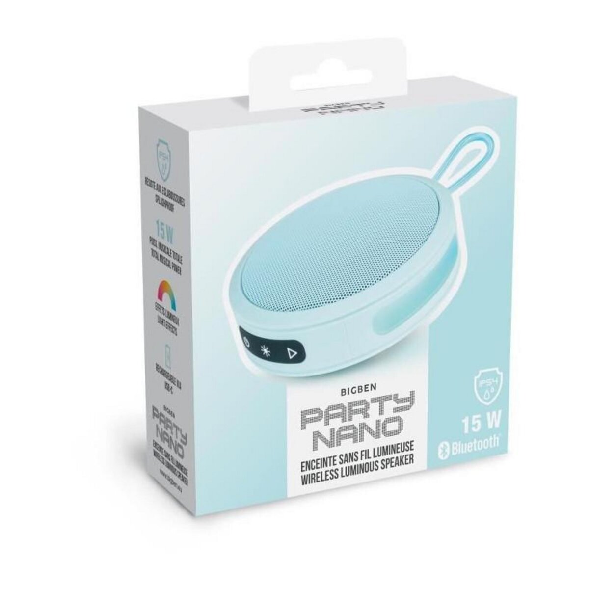 BIGBEN PARTY BIGBEN Party - Enceinte Bluetooth ronde avec dragonne et effets lumineux - 15W - Bleu Pastel