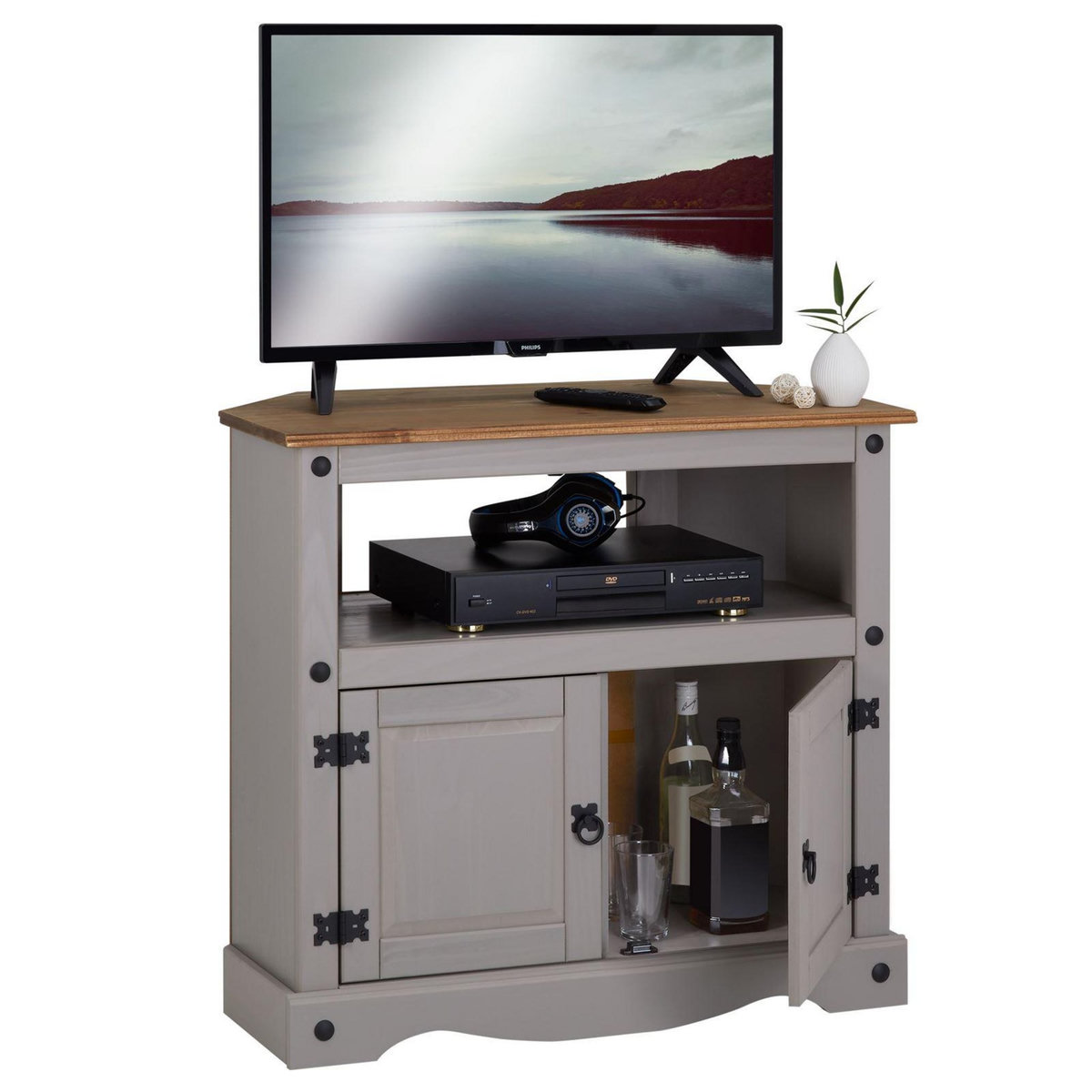IDIMEX Meuble TV RAMON avec 2 portes, style mexicain en pin massif gris et brun