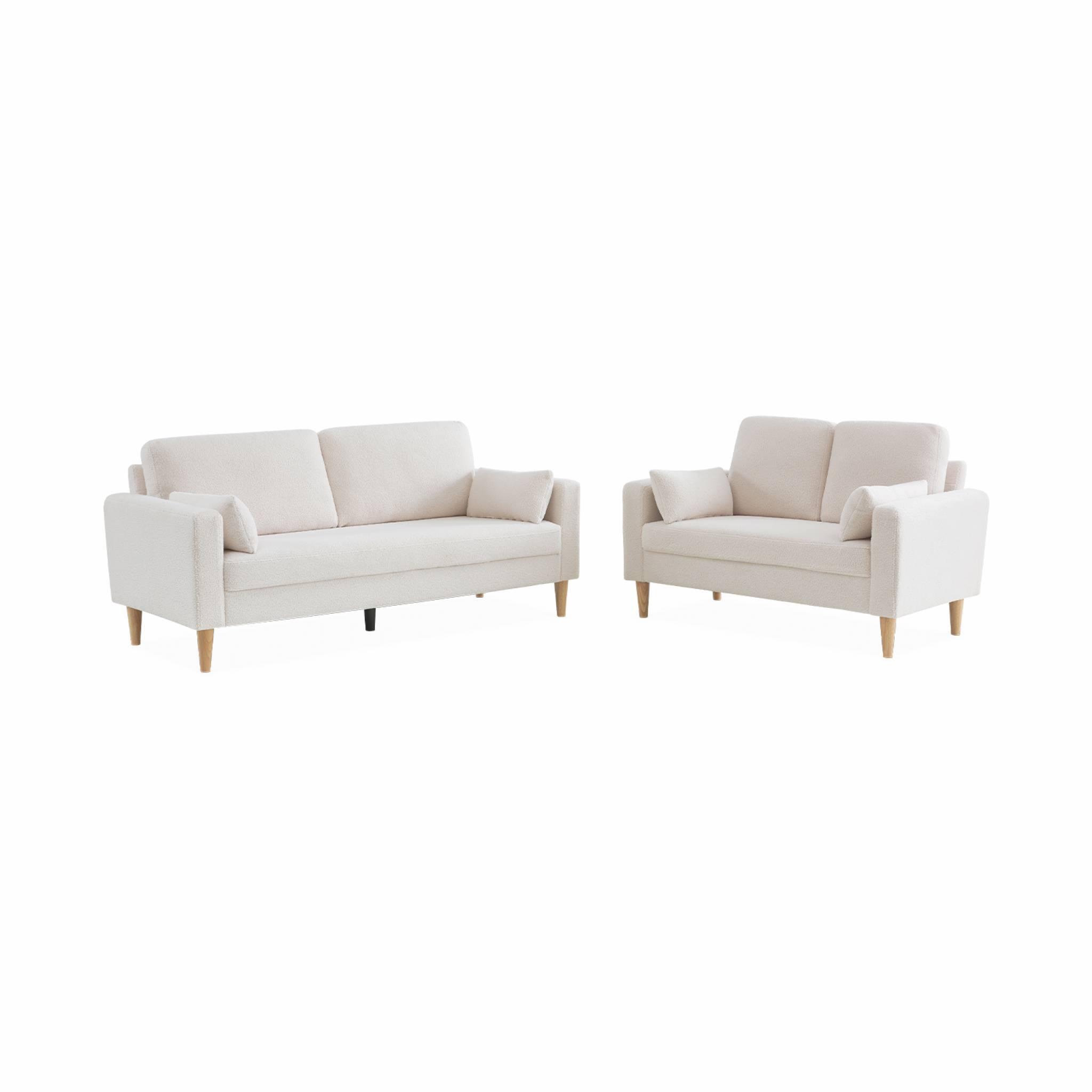 Voir la diapositive 6 : SWEEEK Canapé à bouclettes blanc cassé - Bjorn - Canapé 3 places fixe droit pieds bois. style scandinave