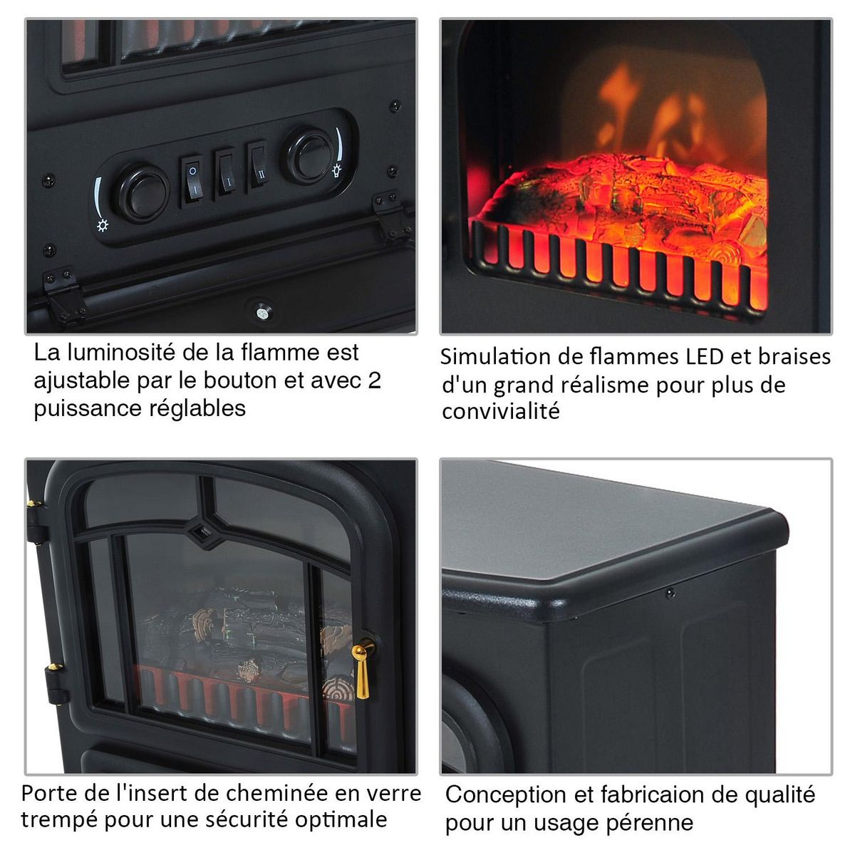 HOMCOM Cheminée électrique poêle style rétro thermostat 1000-2000 W noir