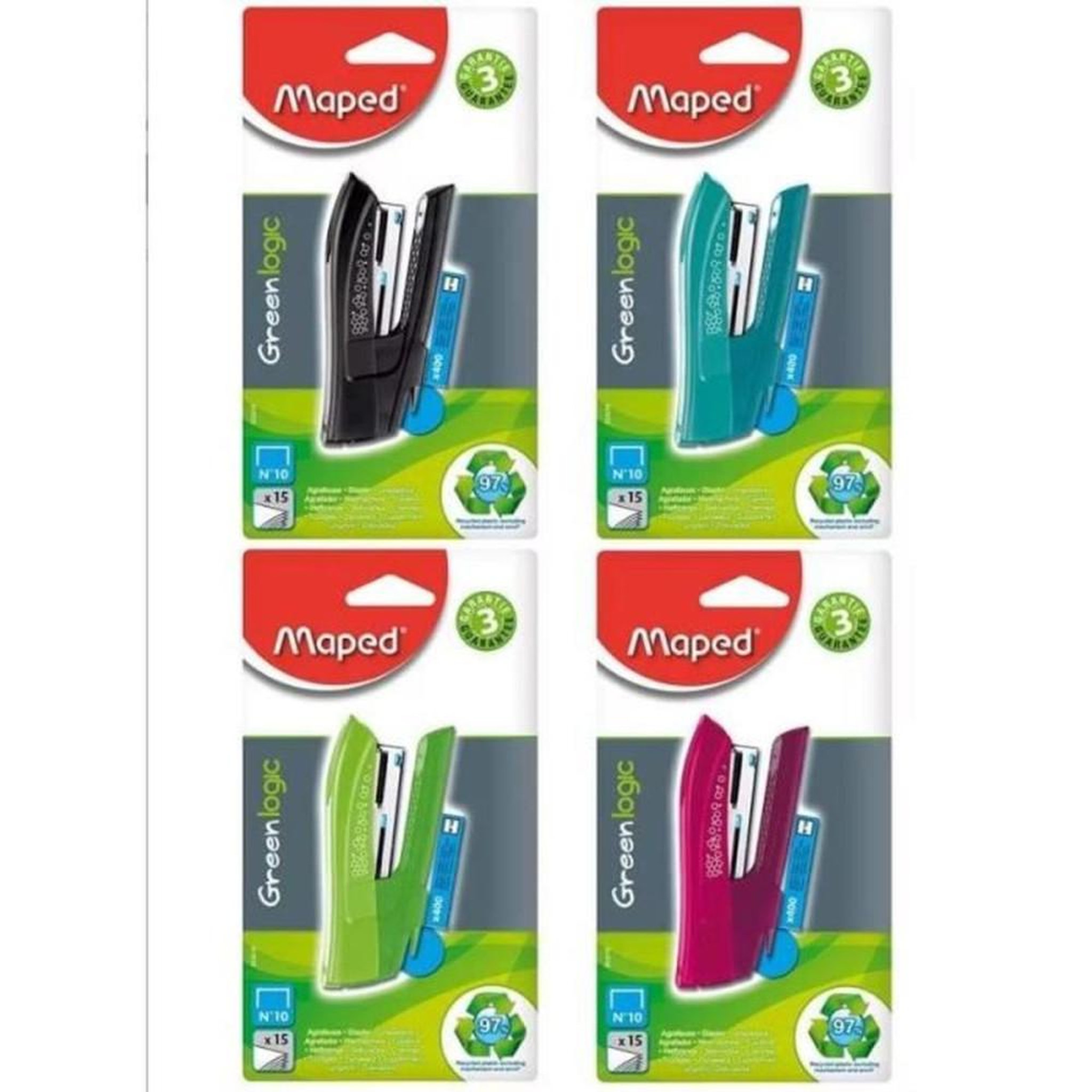 MAPED Agrafeuse de poche en plastique recyclé 97% couleurs assorties, agrafes N°10 compatibles N°15, capacité 15 feuilles, profondeur 43 mm, charge 88 agrafes
