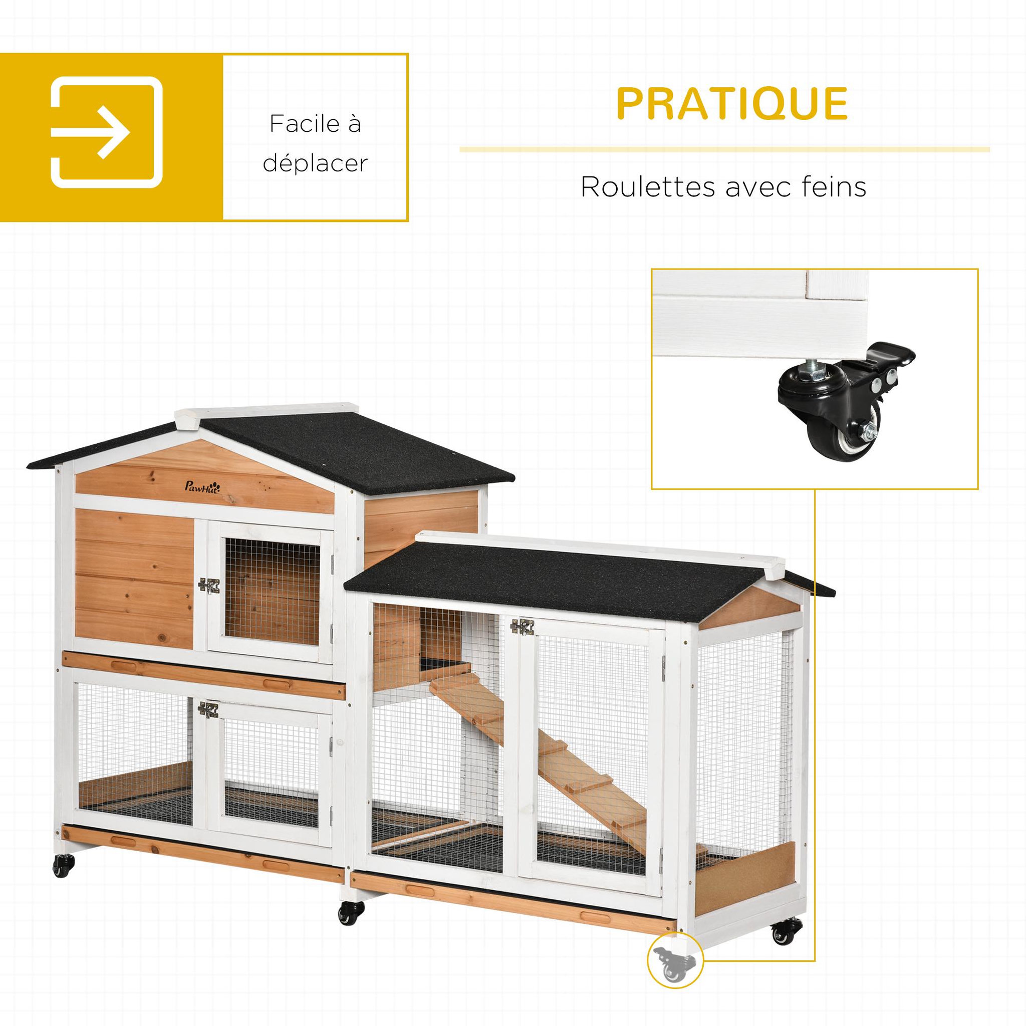 Voir la diapositive 5 : PAWHUT Clapier bois sur roulettes 2 niv. 3 plateaux déjections coulissants sapin blanc pré-huilé