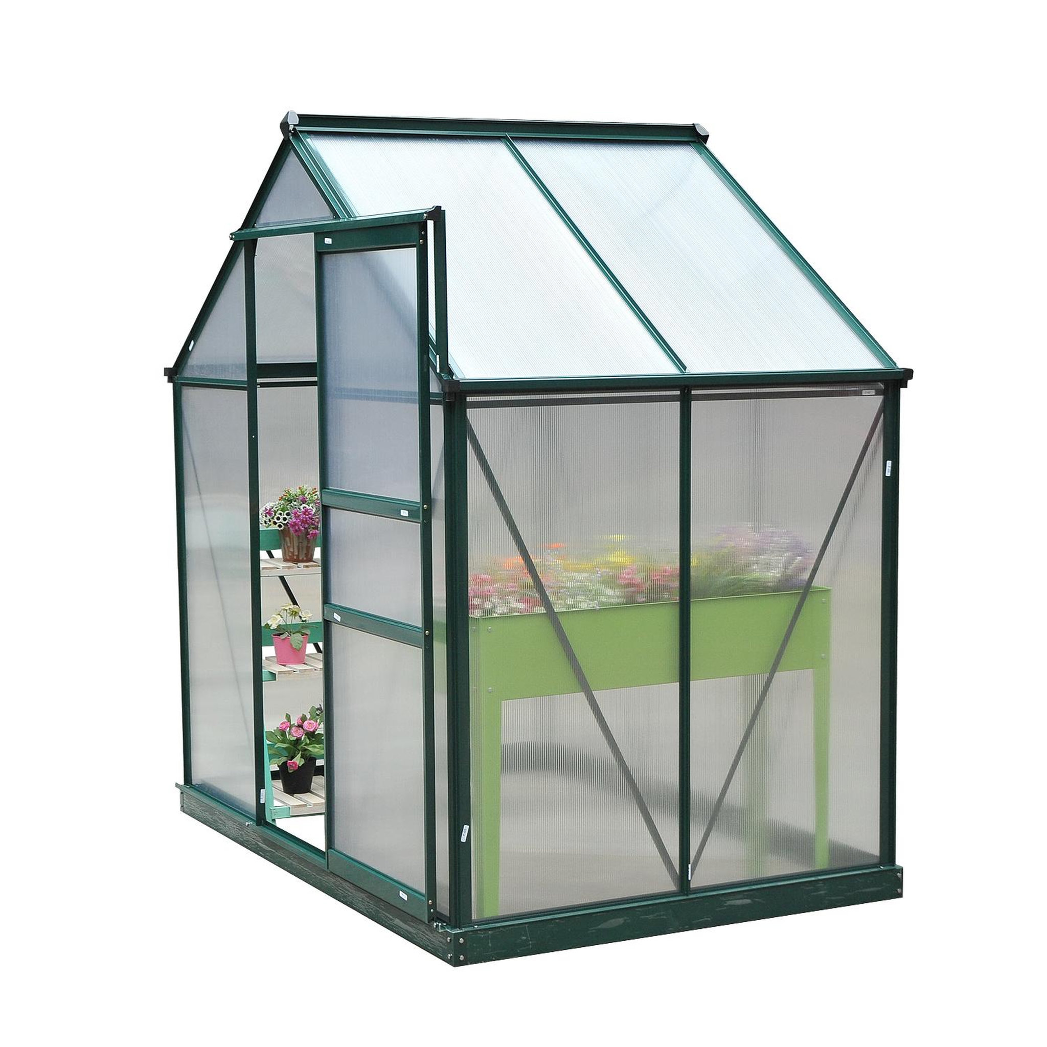 Voir la diapositive 4 : OUTSUNNY Serre de jardin aluminium polycarbonate 2,51 m² dim. 1,9l x 1,32l x 2,01h m lucarne, porte coulissante + fondation incluse alu. Vert polycarbonate transparent