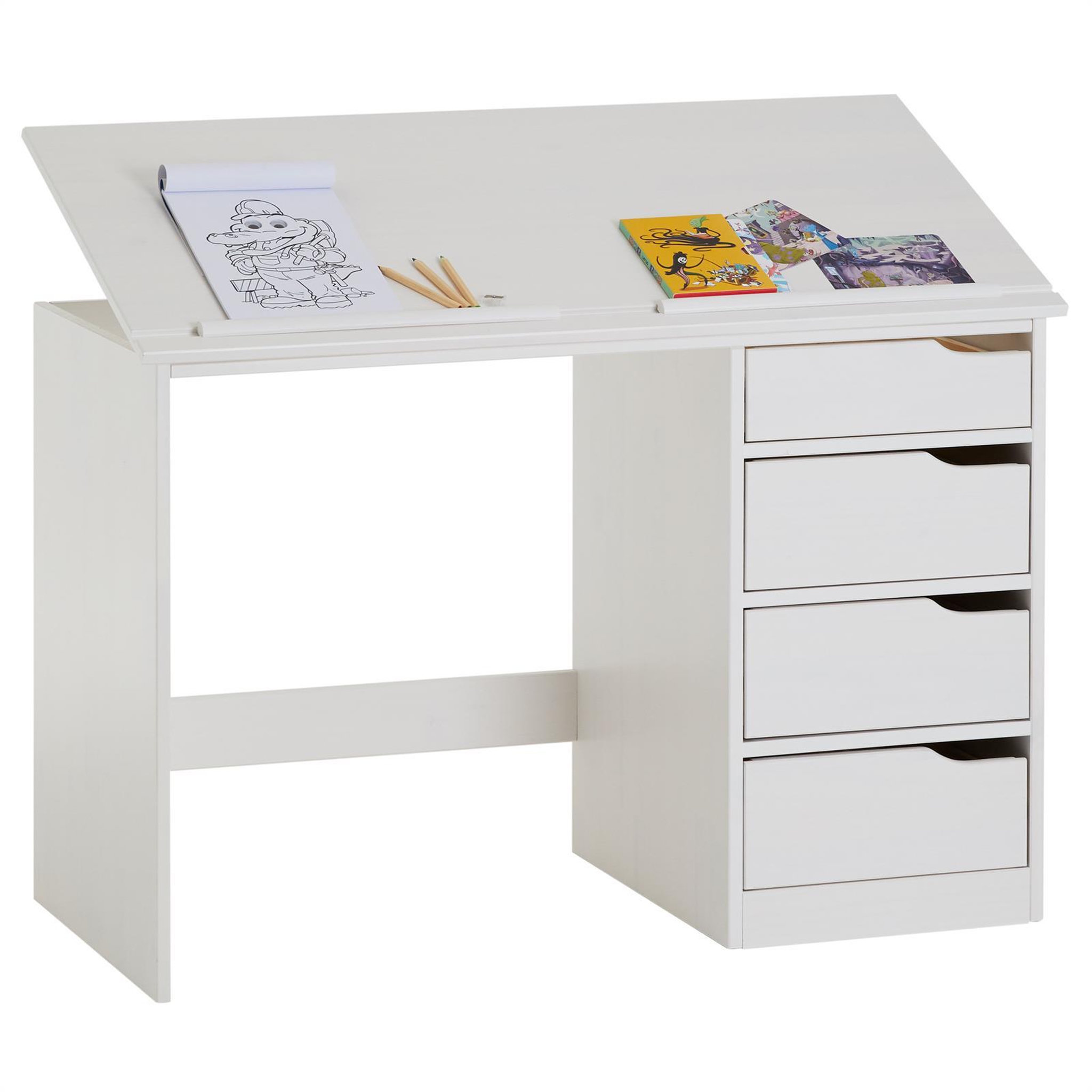 Voir la diapositive 1 : IDIMEX Bureau enfant EMMA, en pin massif, 4 tiroirs et plateau inclinable