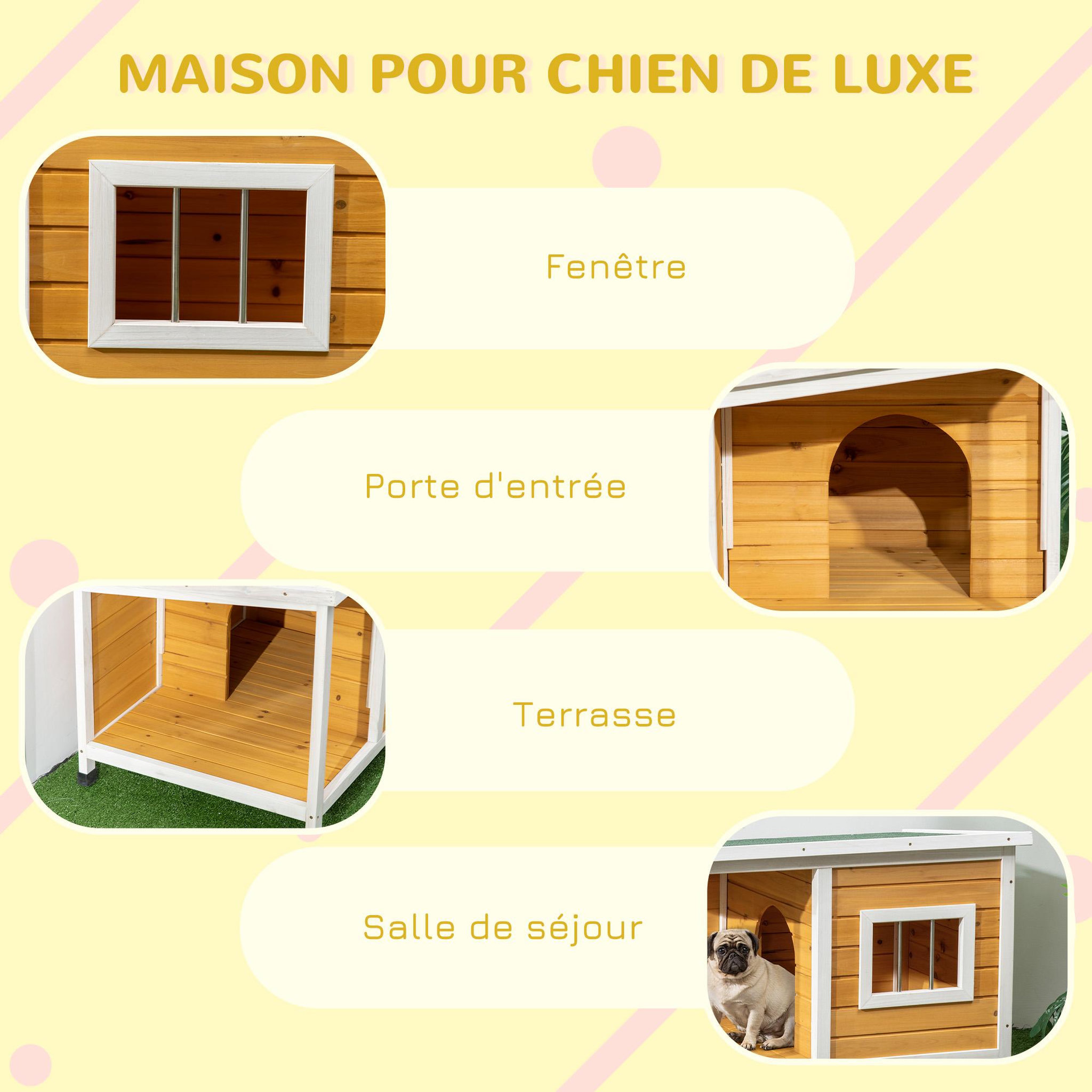 Voir la diapositive 5 : PAWHUT Niche lodge chien avec terrasse couverte sur pied - toit bitumé ouvrant, fenêtre - bois sapin pré-huilé blanc