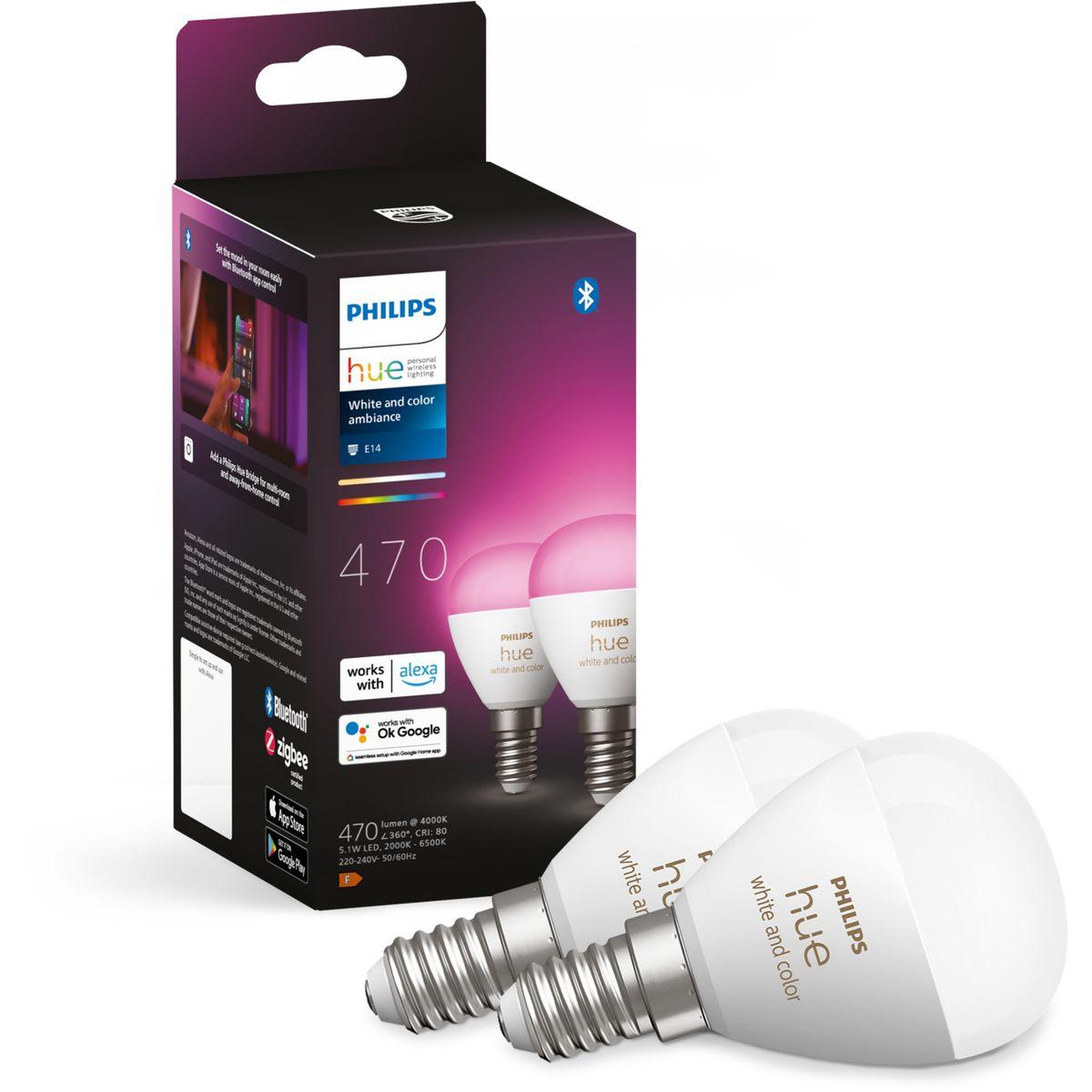 Philips Ampoule LED connectée HUE W&C E14 Luster x2 5.1W
